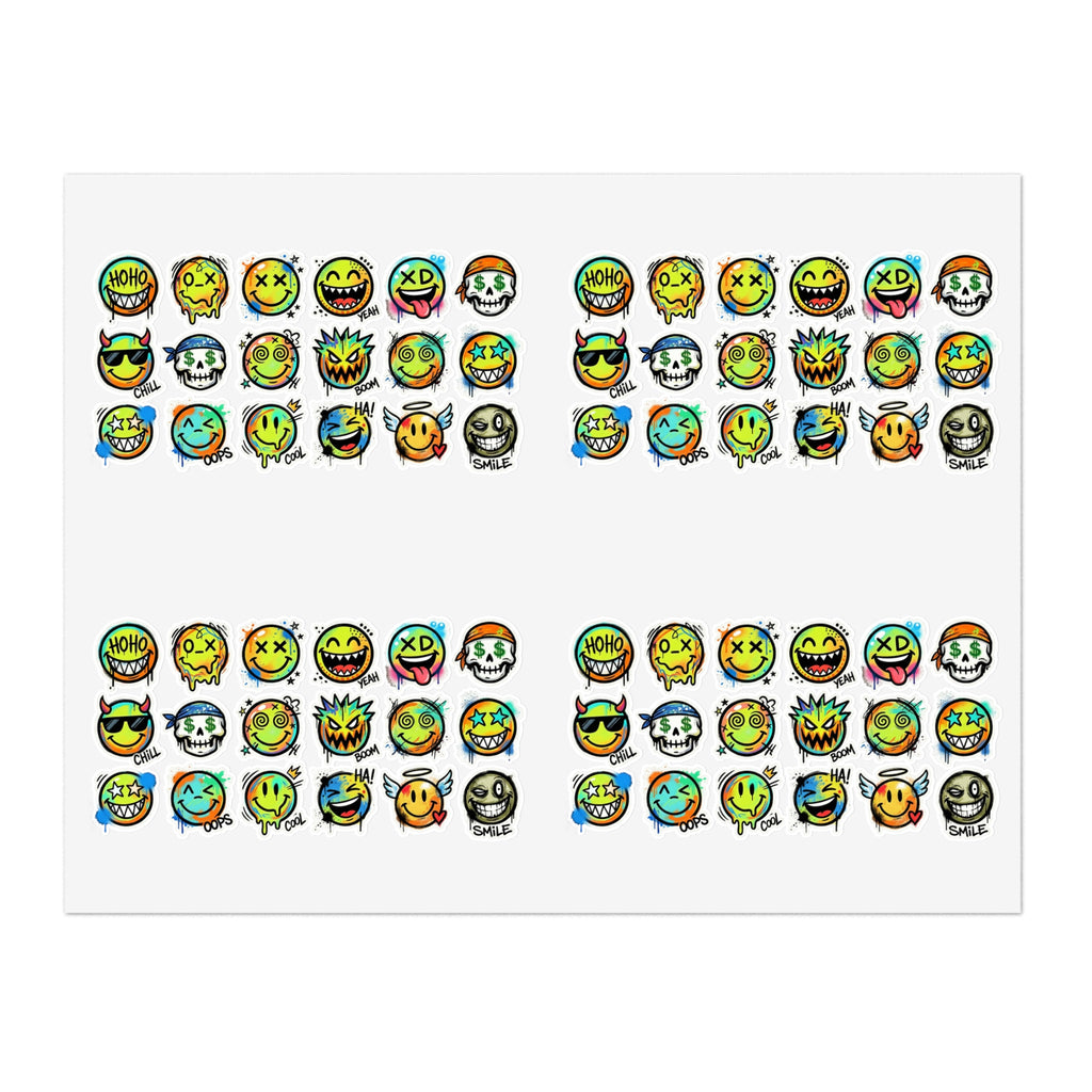 Emoji face icons sticker sheet with multiple funny faces in two neat rows