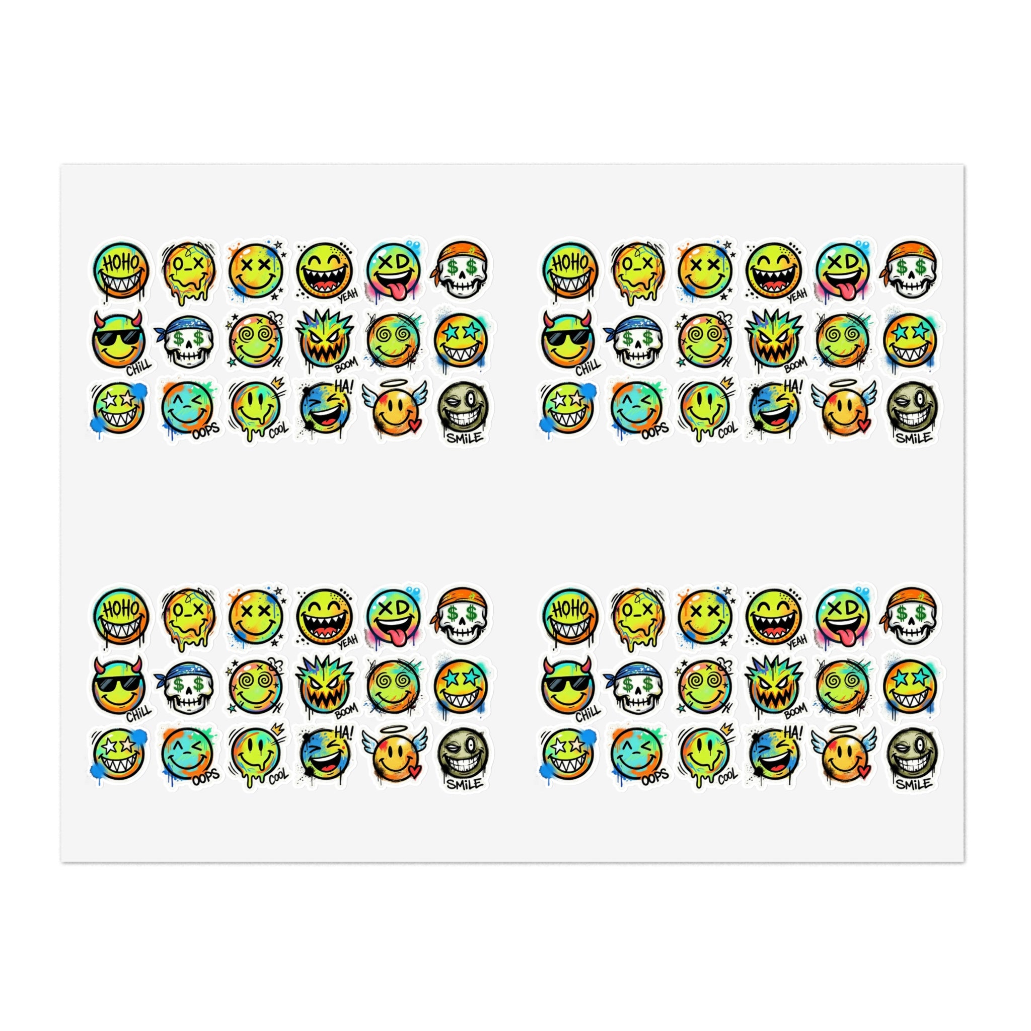Emoji-Gesichts-Stickerbogen mit Die-Cut Aufklebern, buntes Set aus Smileys und Skulls