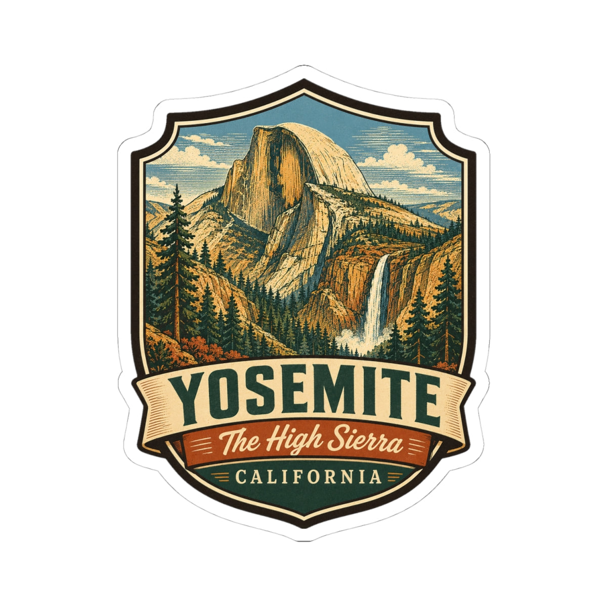 Yosemite shield sticker featuring Half Dome and the California ribbon banner
