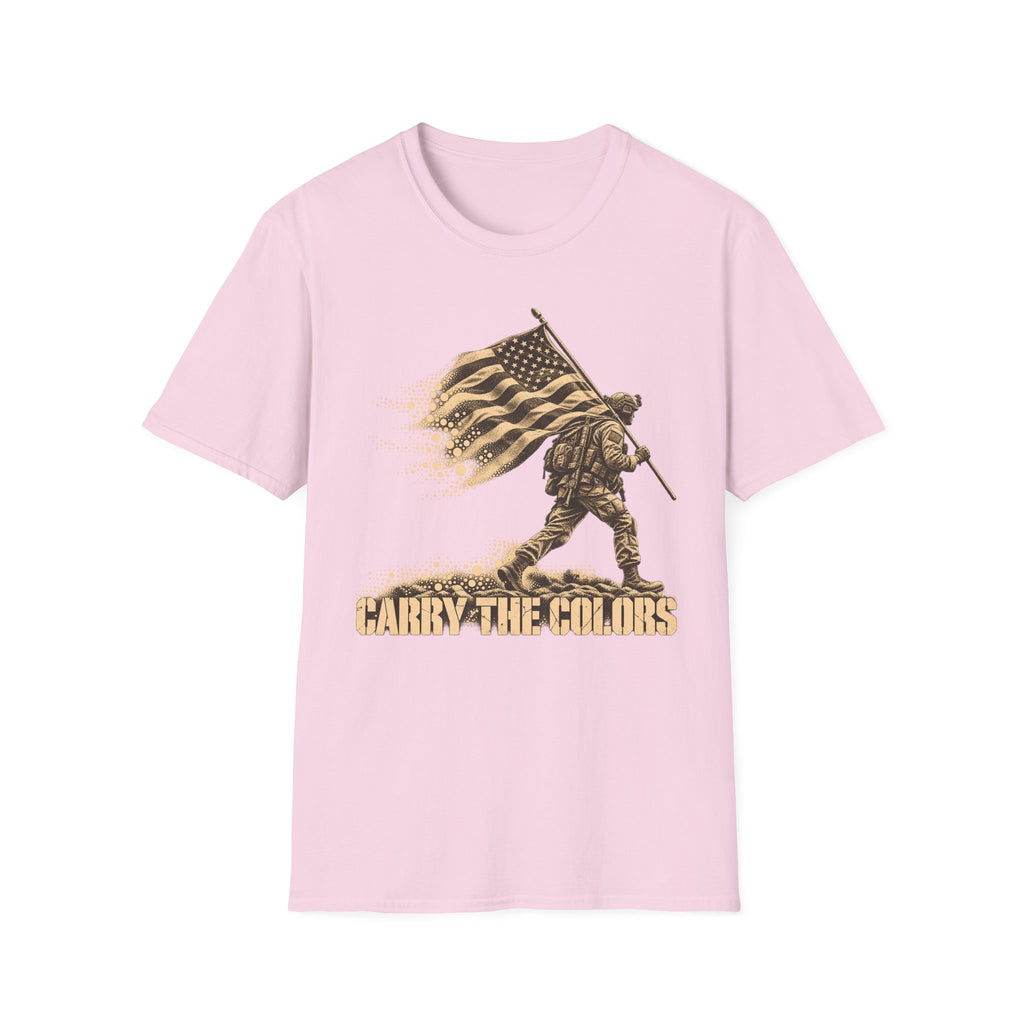 Carry the Colors graphic soldier T-shirt, light pink with flag-bearer front print