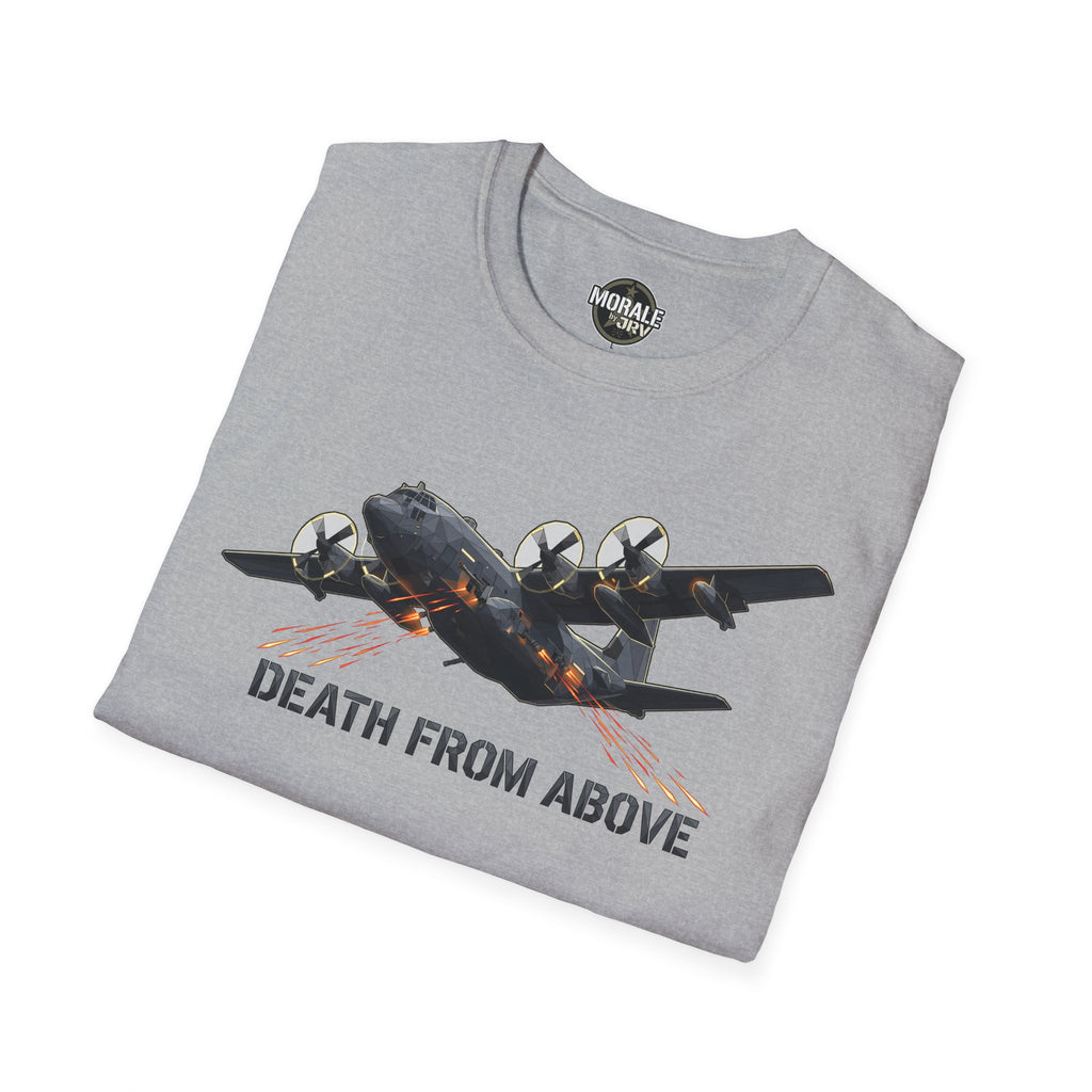 Death From Above T-shirt in heather grey, plane graphic with orange sparks