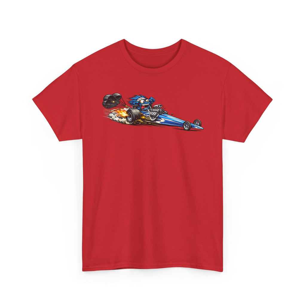 Red crew-neck T-shirt with racing car graphic on the front