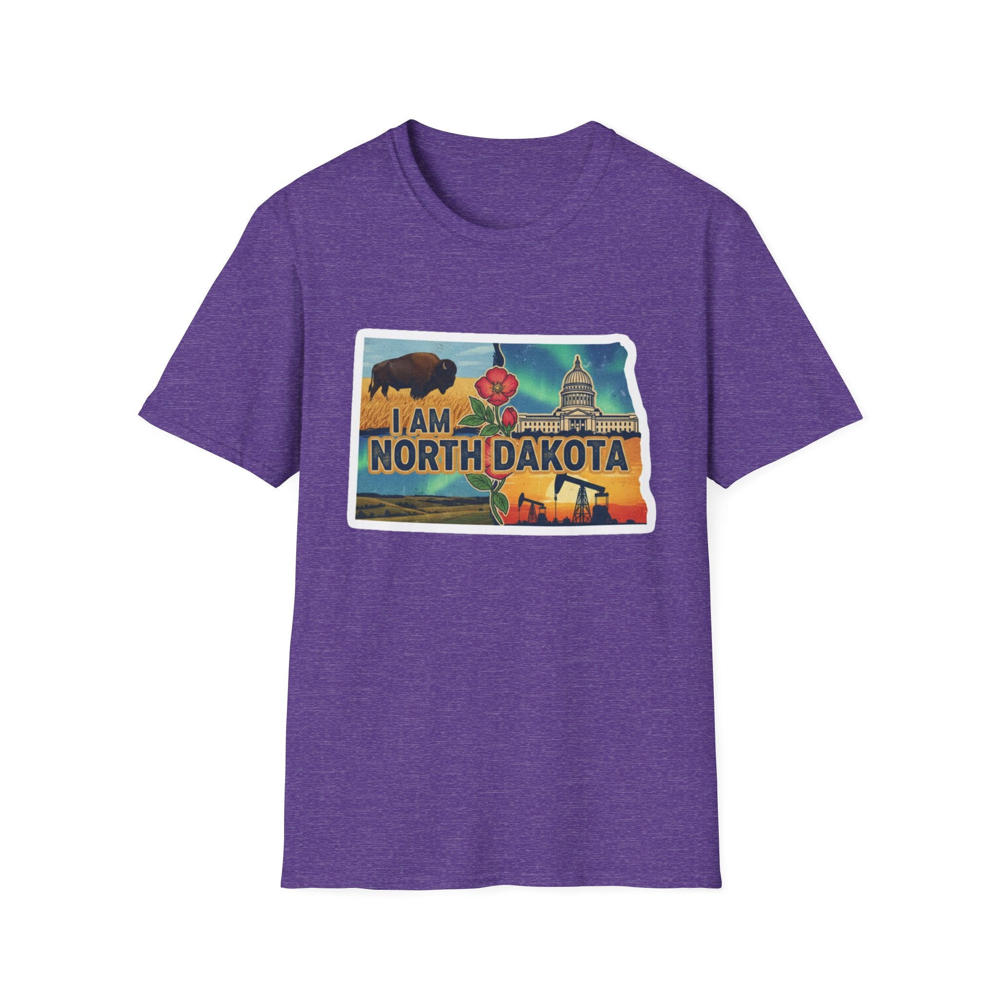 North Dakota T-shirt in purple with front state design graphic and bison