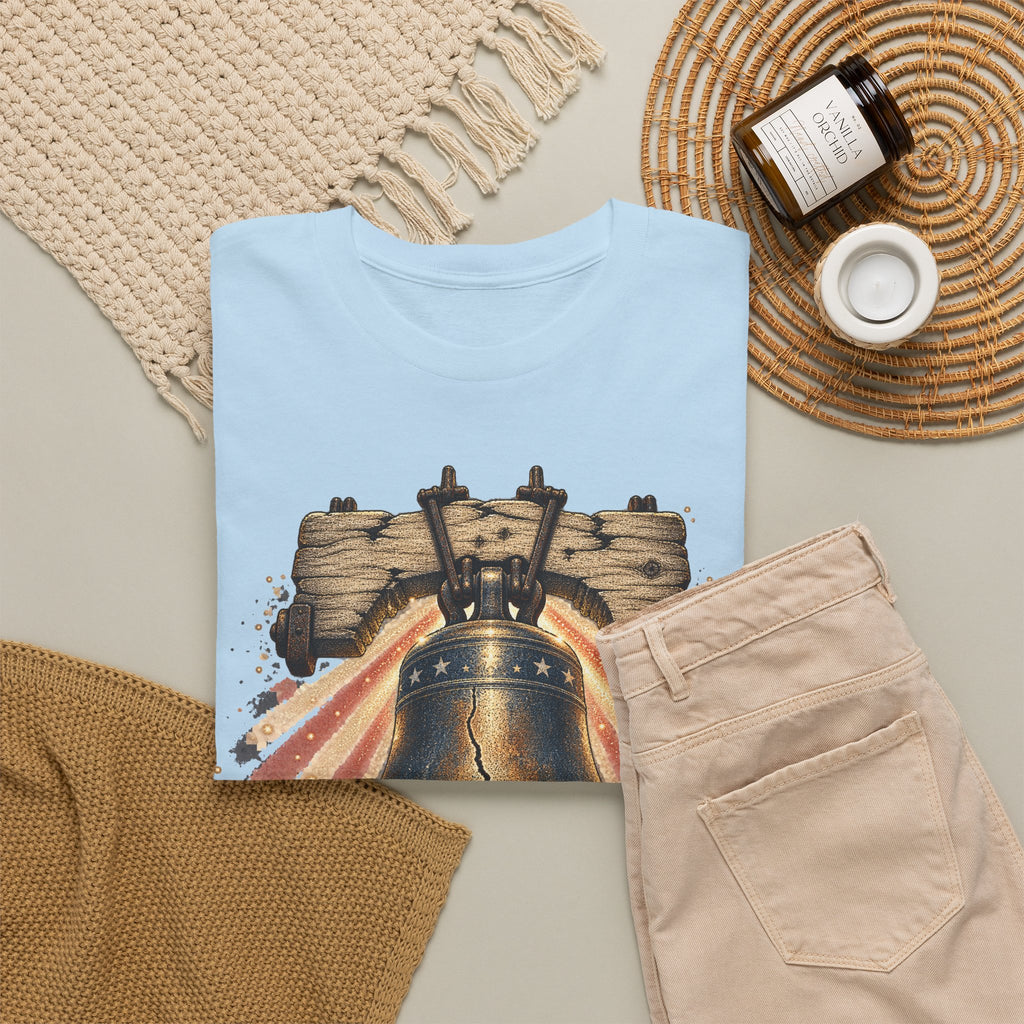 Light blue short-sleeve crewneck T-shirt with patriotic liberty bell graphic.
