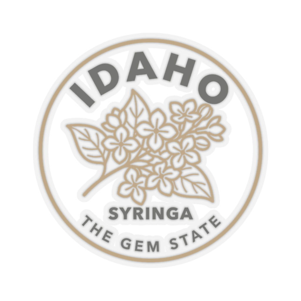 Transparent vinyl sticker with Idaho text and syringa floral botanical emblem