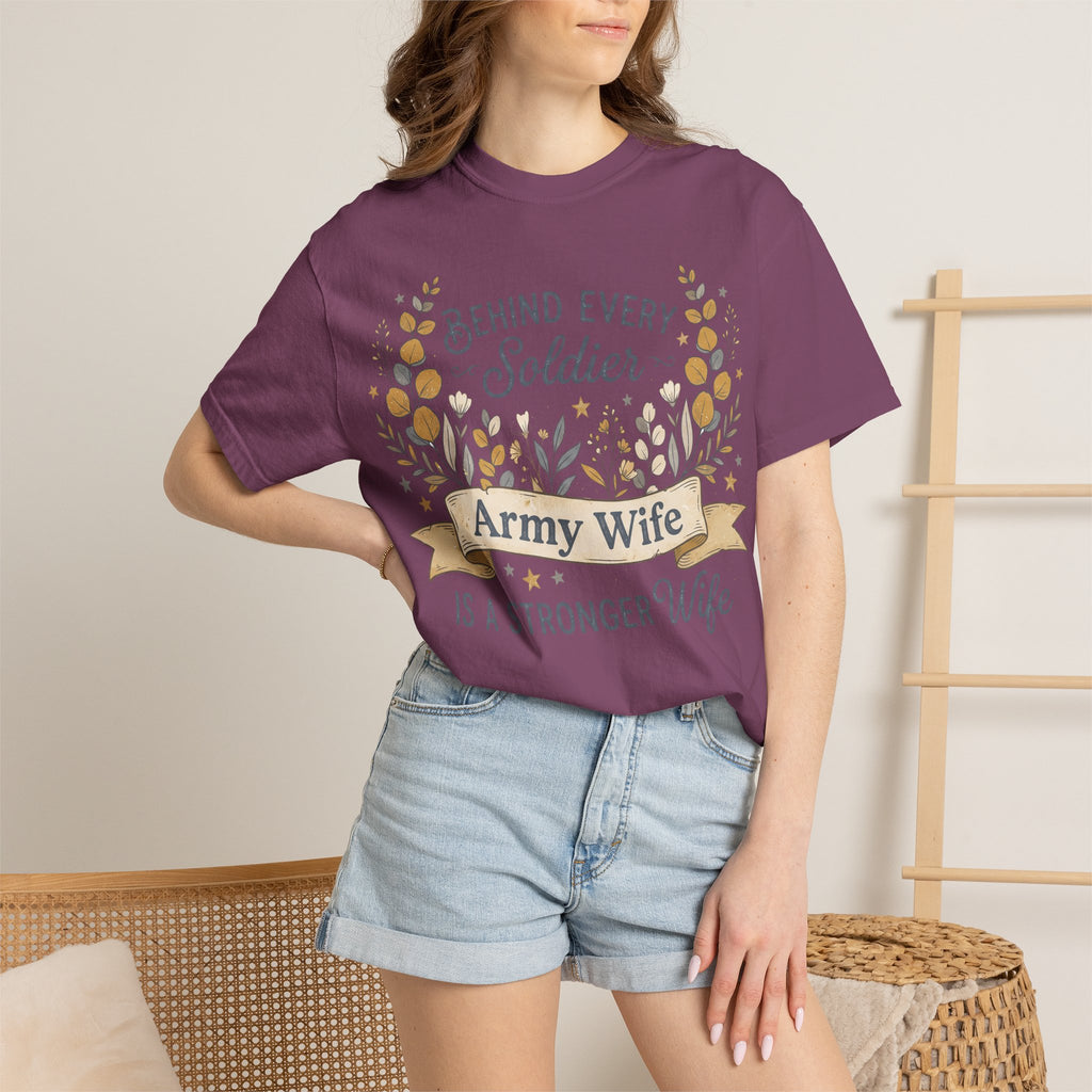 Purple T-shirt on model with floral “Behind Every Soldier” and “Army Wife” print