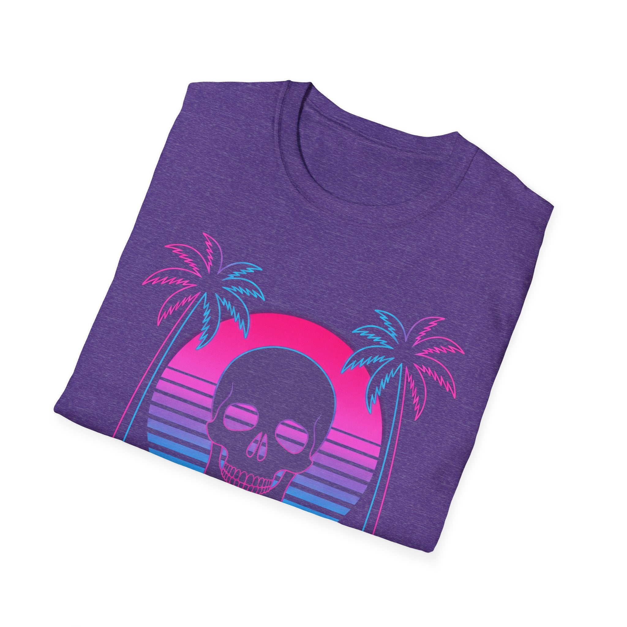 Camiseta Vaporwave Skull Sunset, morado heather con calavera y atardecer neón
