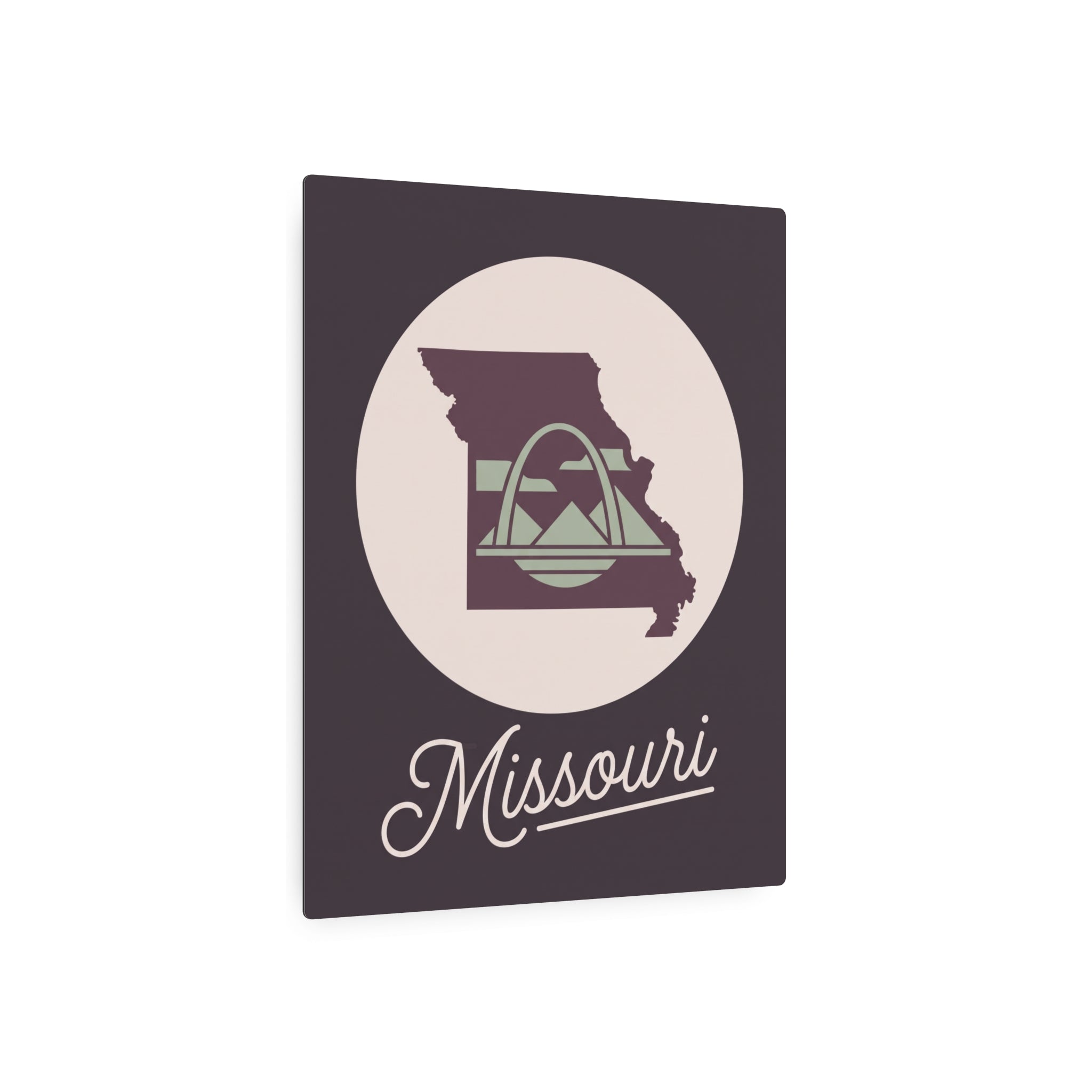 Mauve square metal wall art with circular Missouri silhouette emblem and script "Missouri"