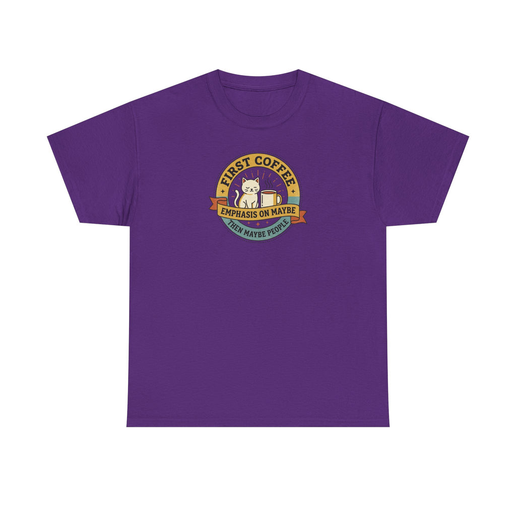 Purple T-shirt with round “First Coffee” coffee logo graphic on chest.