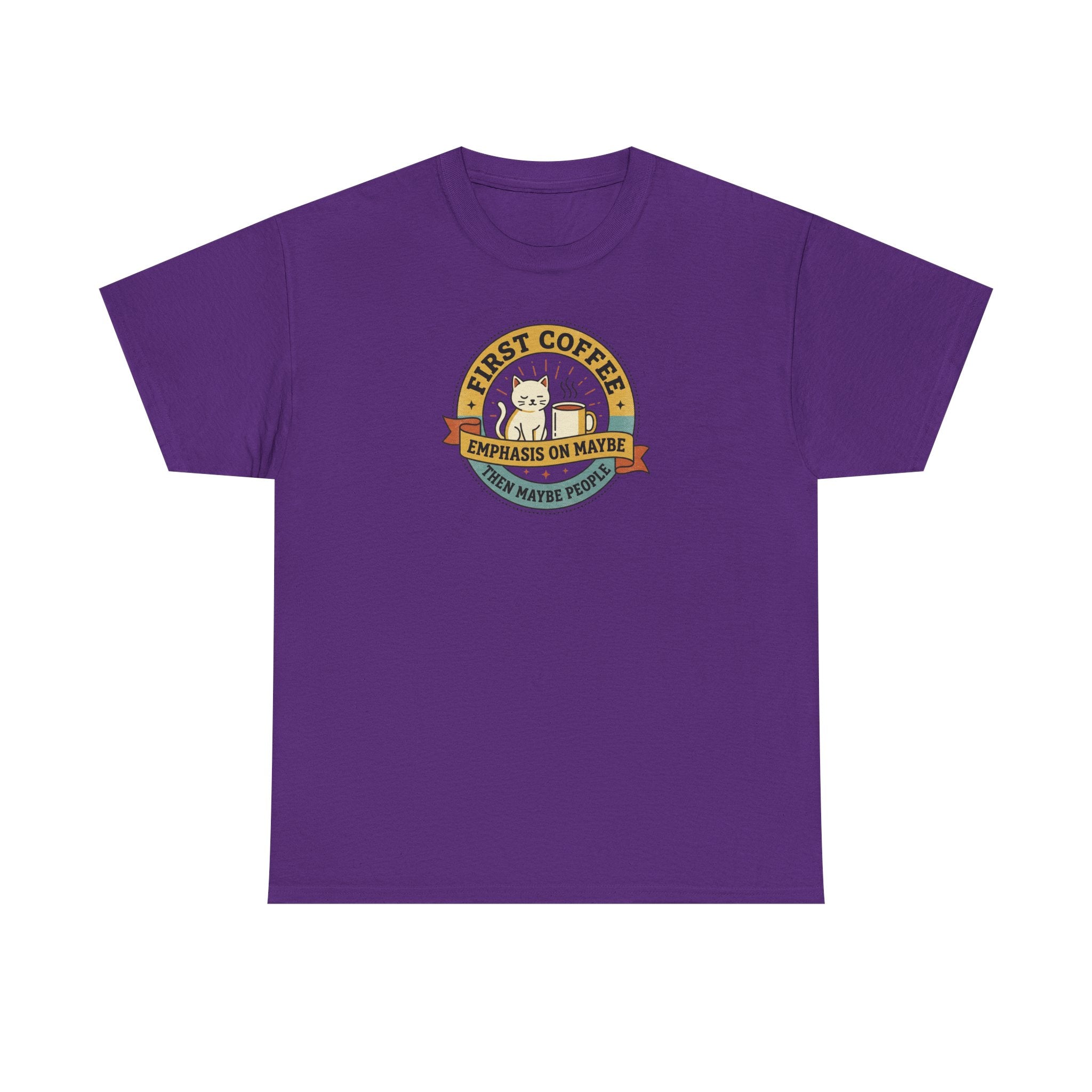 Purple T-shirt with round “First Coffee” coffee logo graphic on chest.