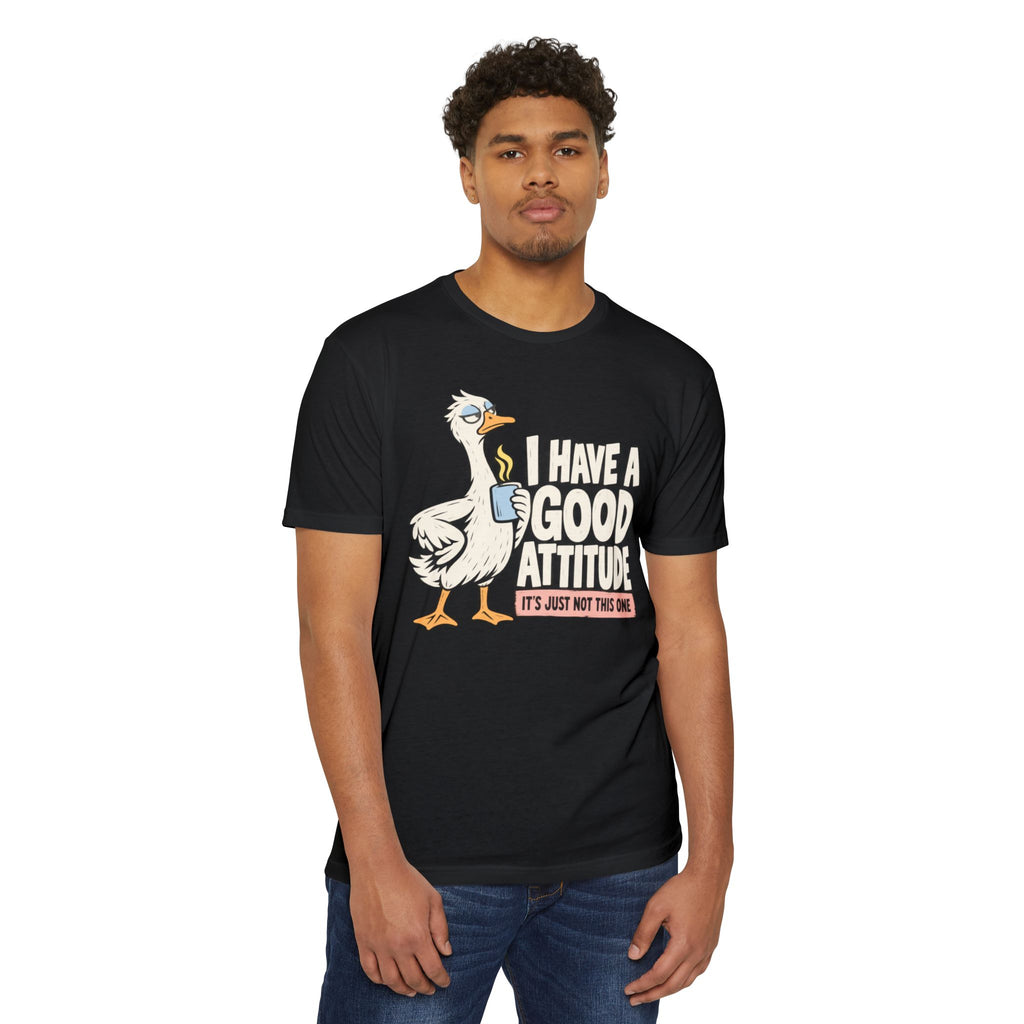Black graphic t-shirt with white goose and orange attitude slogan on front