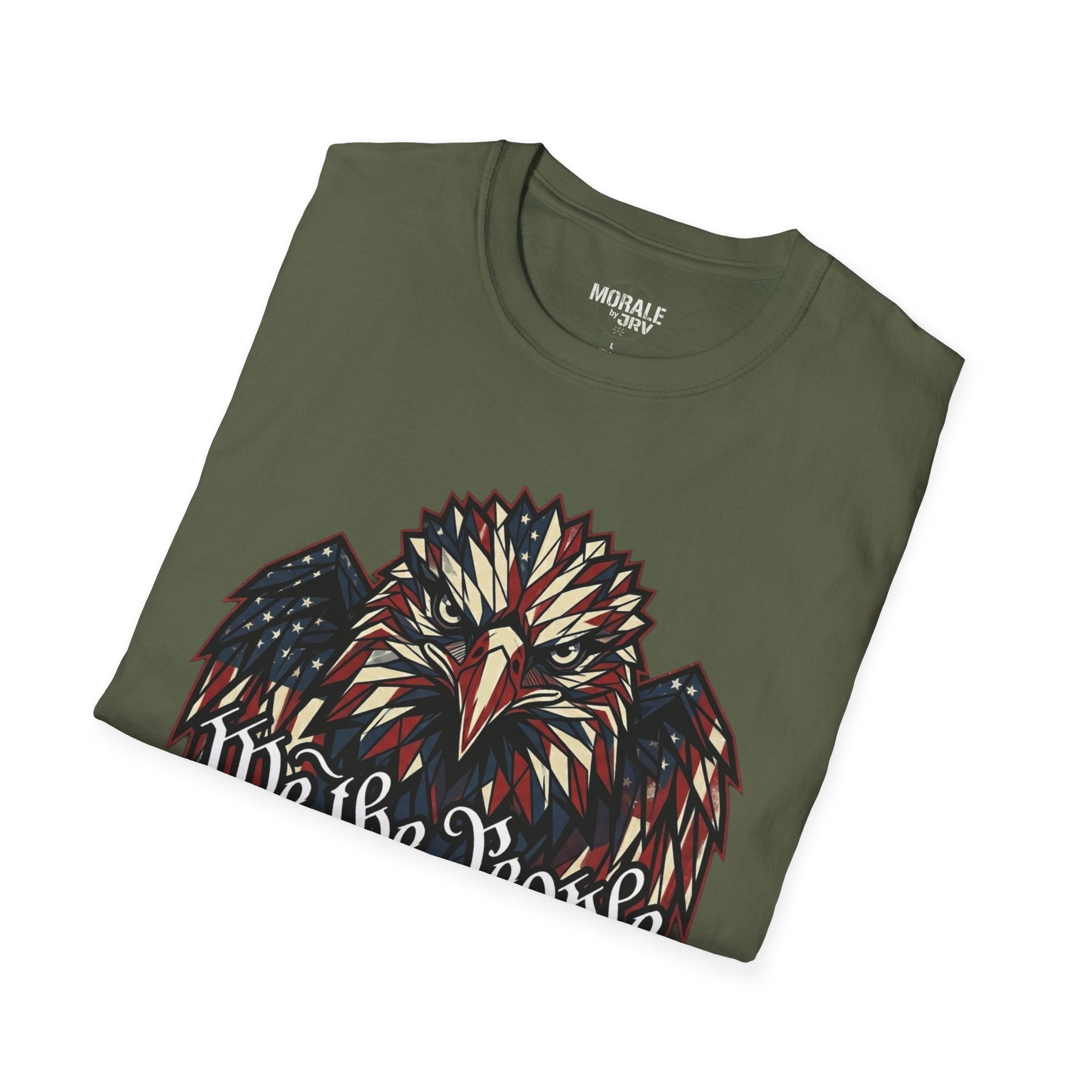 Military green Eagle patriotic graphic T-shirt with colorful eagle face and flags design