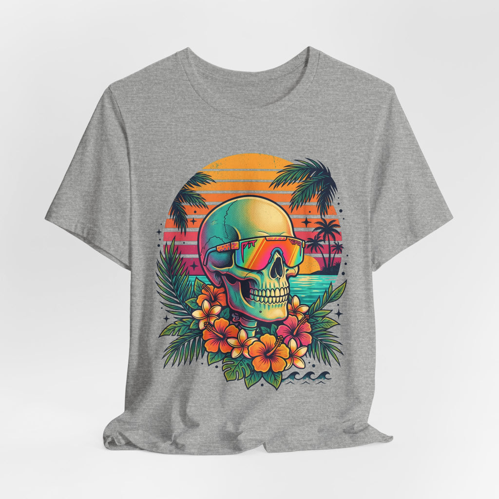 Heather gray T-shirt with tropical skull, rainbow sunglasses, and orange hibiscus flower design