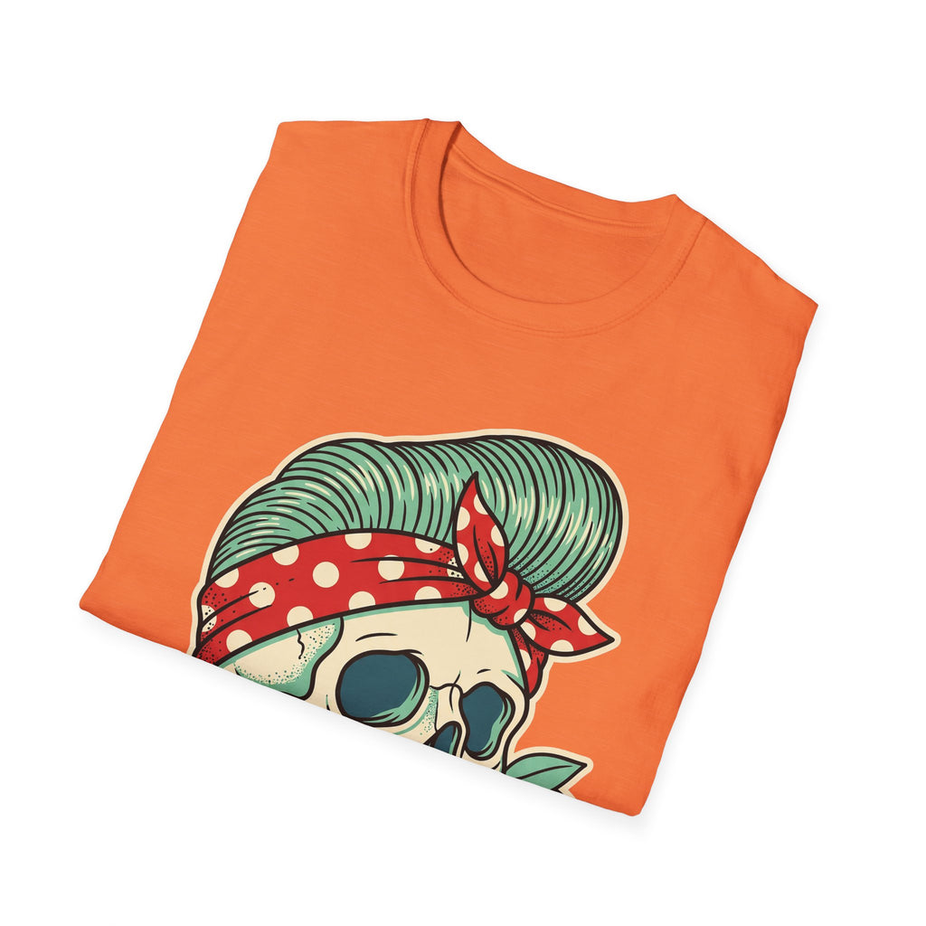 Orange T-shirt with sugar skull face graphic, green striped hair and red bandana