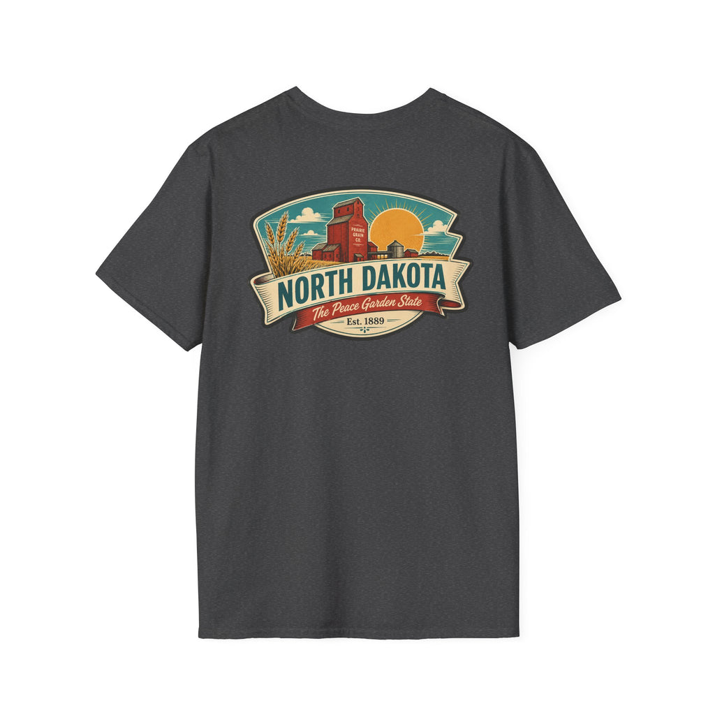 Dark charcoal T-shirt with North Dakota logo graphic on the chest
