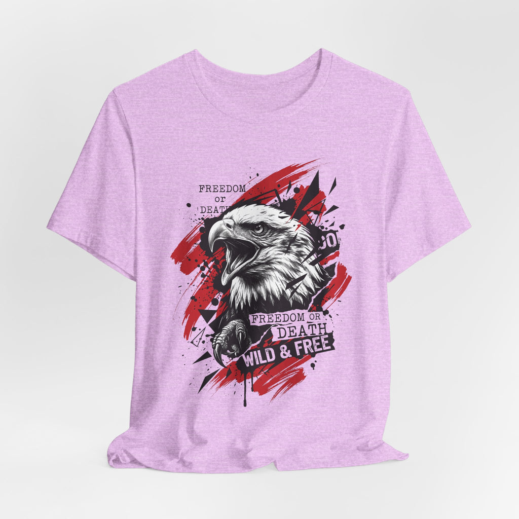 Lavender T-shirt with bald eagle graphic, red splashes and text slogan