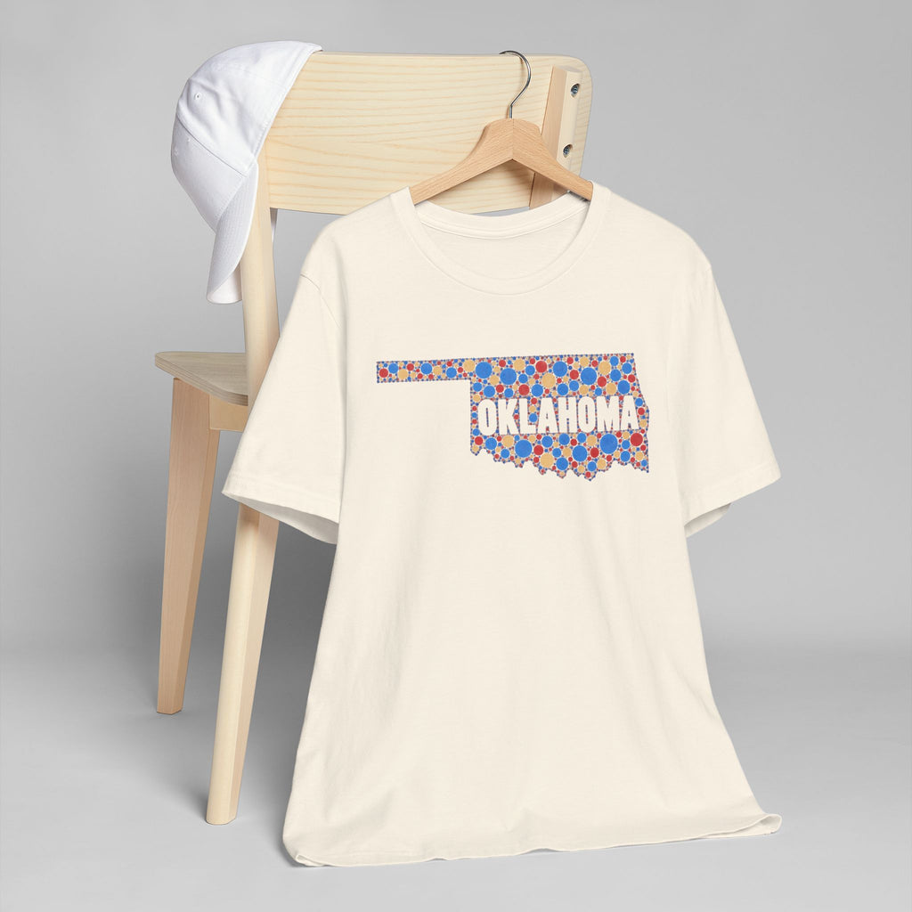 Natural cream t-shirt with colorful Oklahoma floral map graphic, crew neck