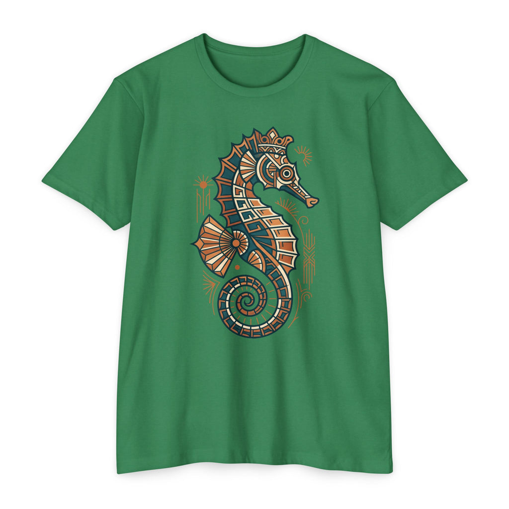 Unisex green T-shirt with colorful seahorse mosaic graphic on front