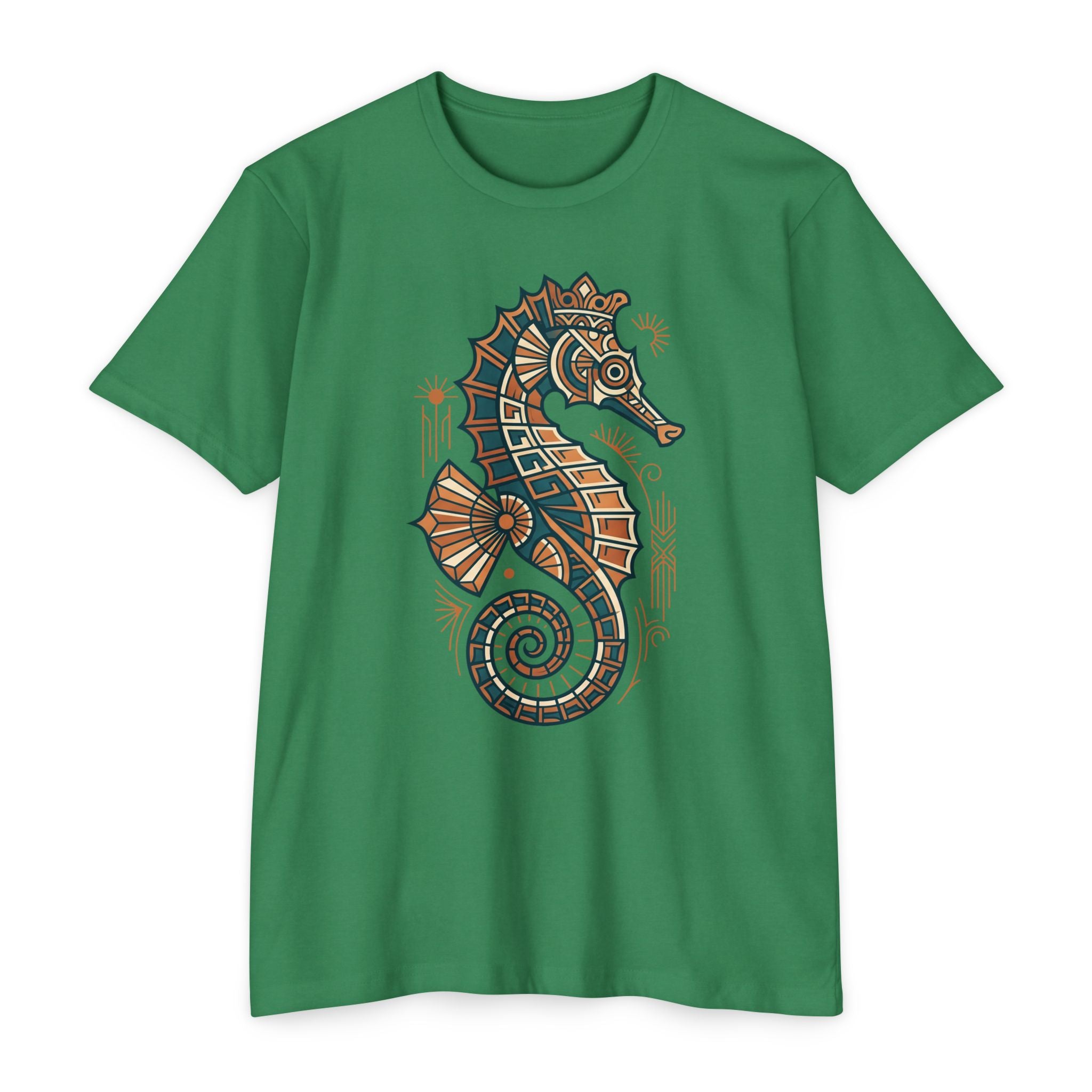 Unisex green T-shirt with colorful seahorse mosaic graphic on front