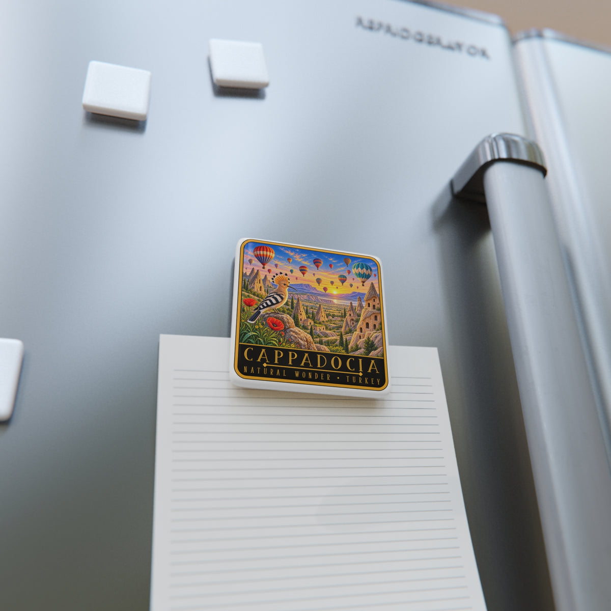 Square porcelain magnet on notebook with Cappadocia hot air balloon artwork