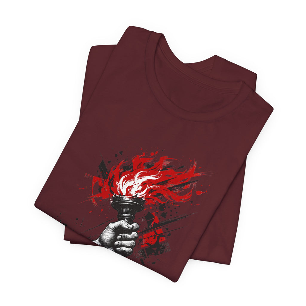 Maroon T-shirt with red torch flame graphic on front