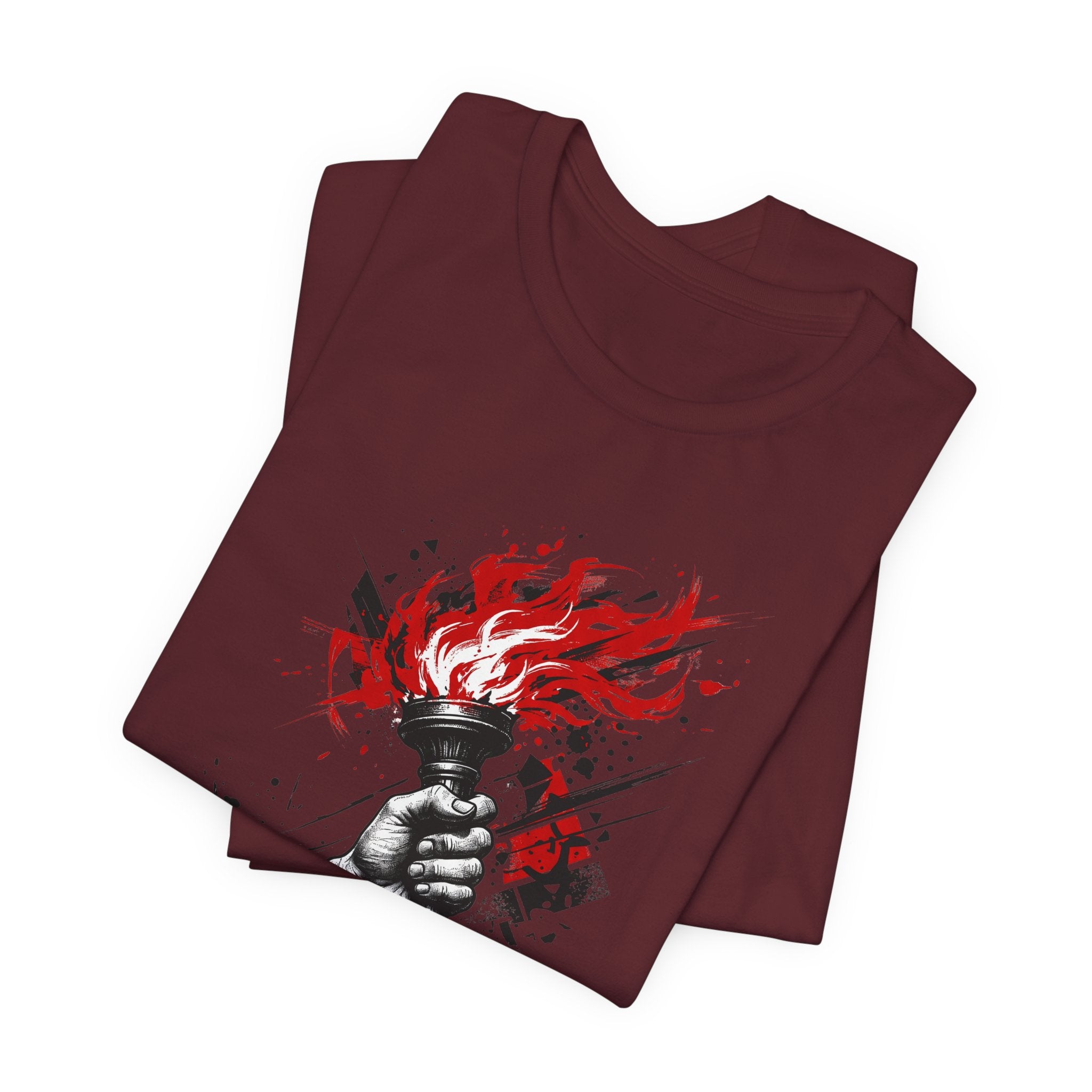 Maroon T-shirt with red torch flame graphic on front