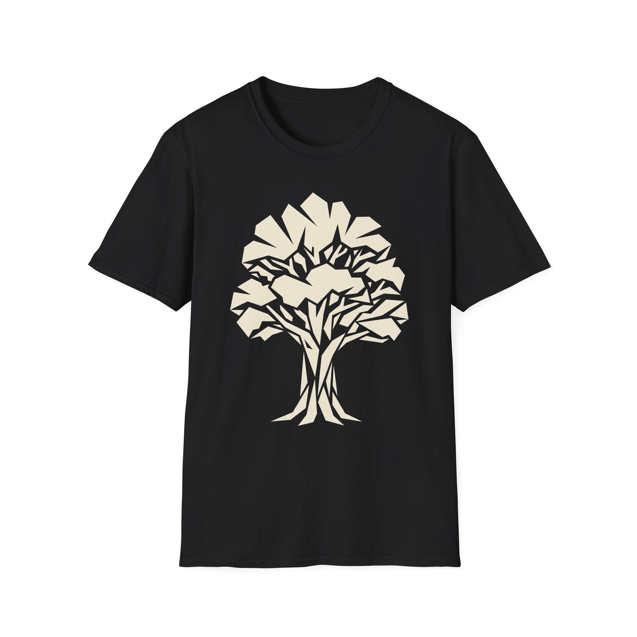 Black t-shirt with light-colored geometric tree silhouette graphic on the front