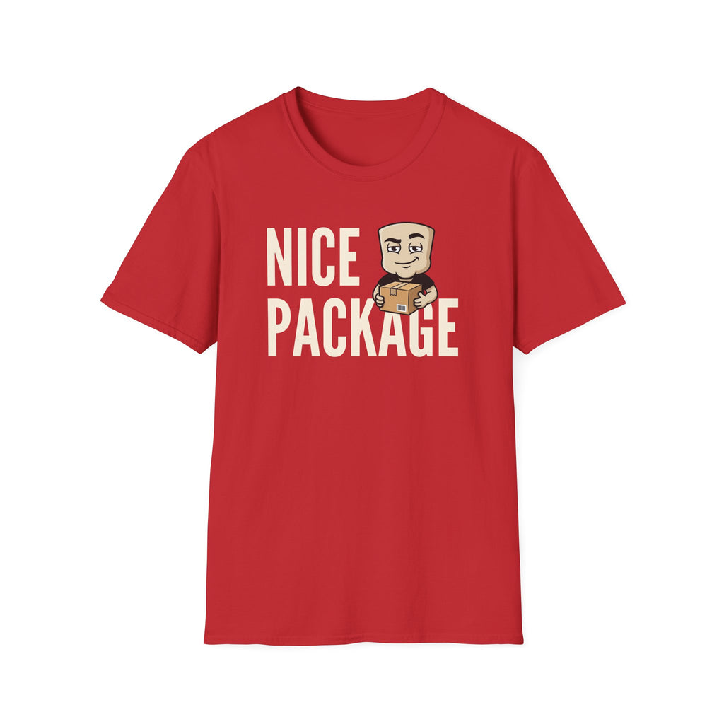 Red T-shirt with 'NICE PACKAGE' graphic of a delivery worker holding a box