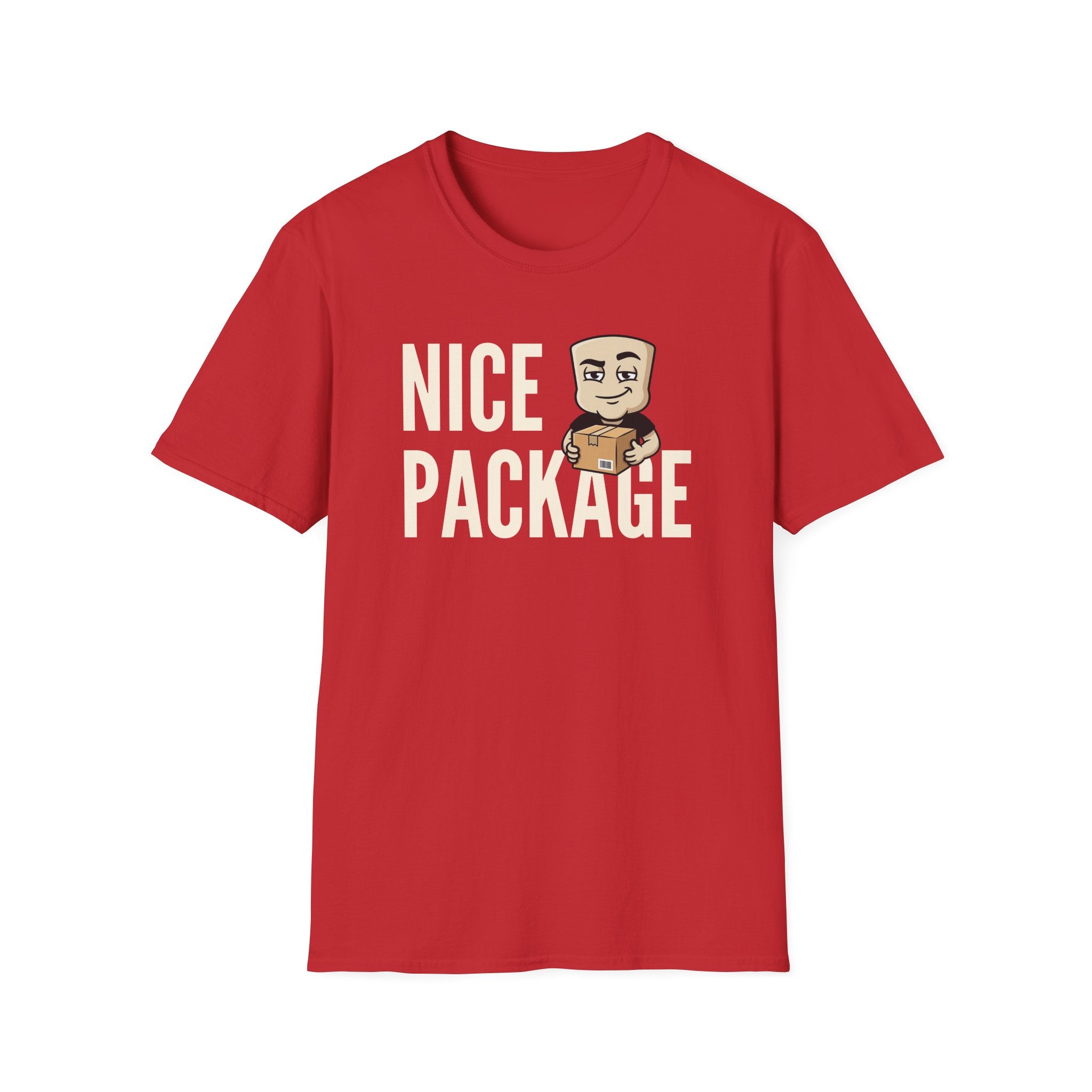 Red T-shirt with 'NICE PACKAGE' graphic of a delivery worker holding a box