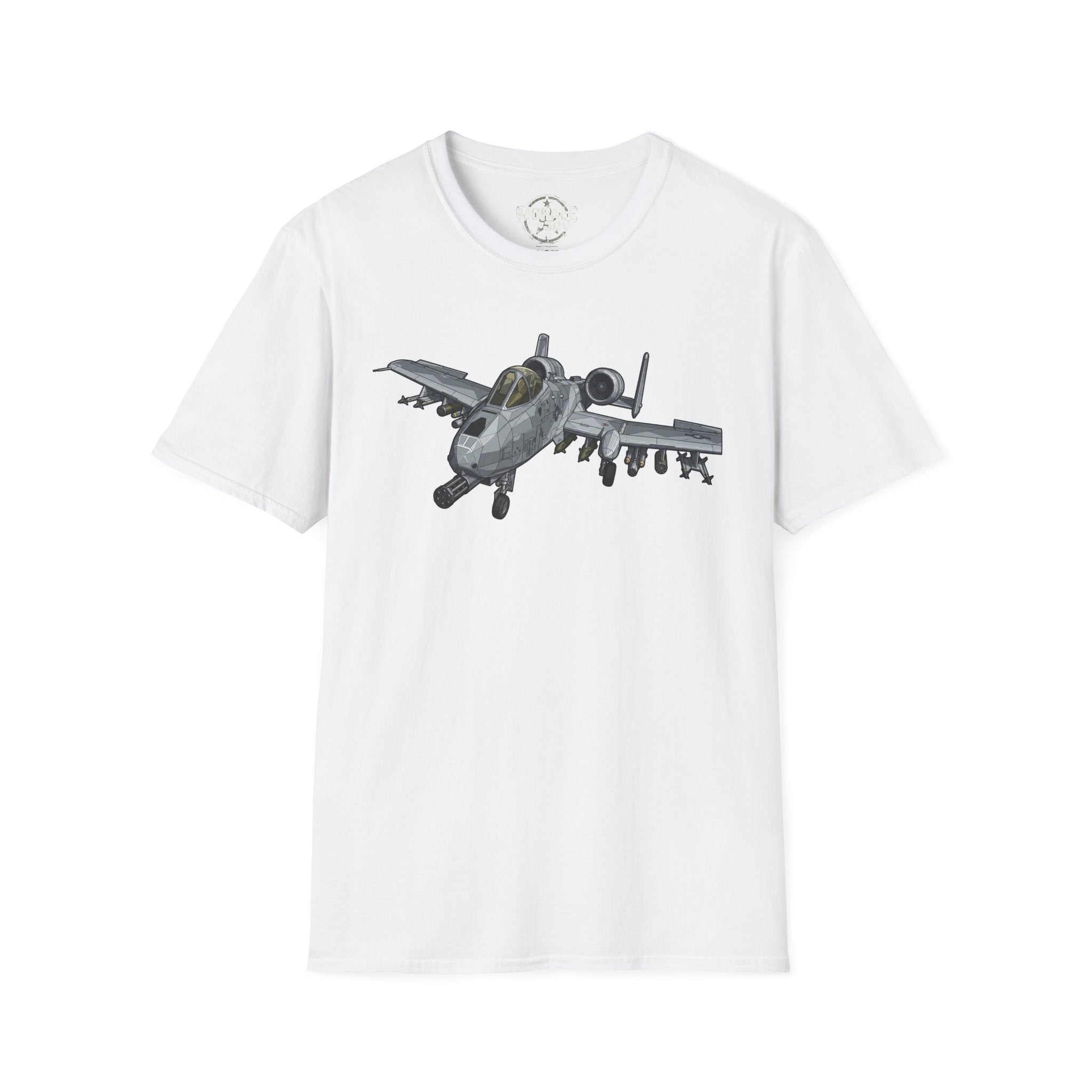 A-10 Warthog graphic T-shirt in white, aircraft print on front