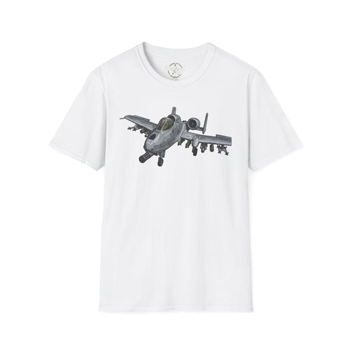 A-10 Warthog graphic T-shirt in white, aircraft print on front