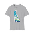 Sport grey T-shirt featuring blue Delaware silhouette with “I Am Delaware” text front