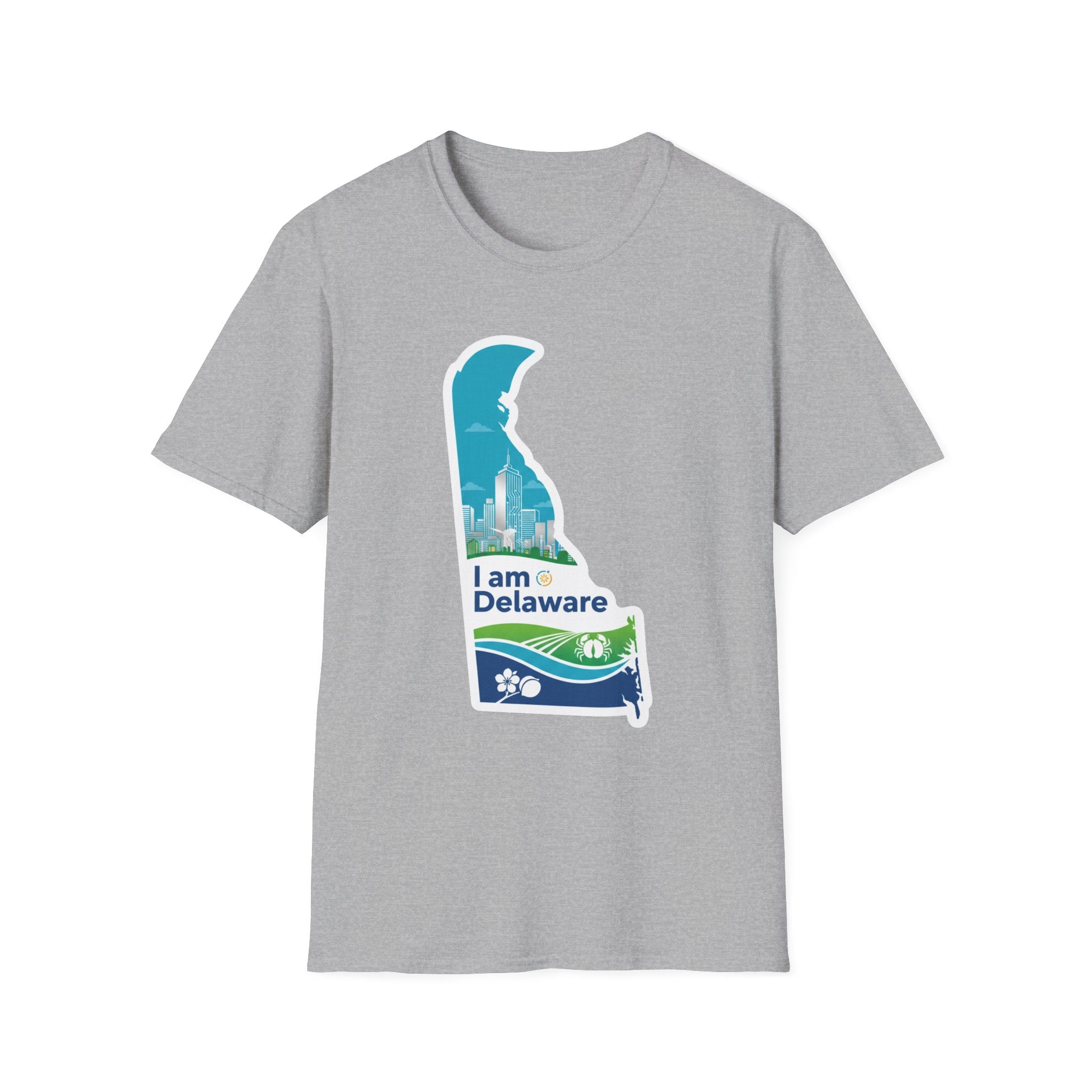 Sport grey T-shirt featuring blue Delaware silhouette with “I Am Delaware” text front