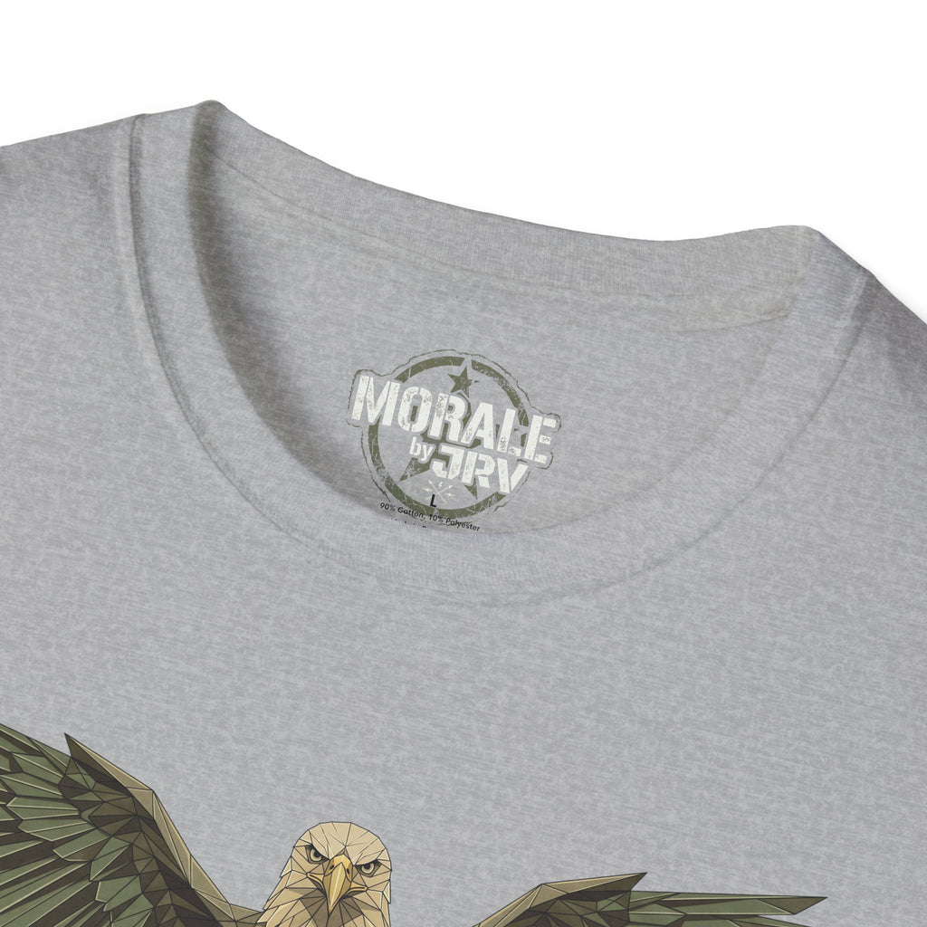Sport grey T-shirt neckline close-up with “MORALE by TRV” label and raptor print.