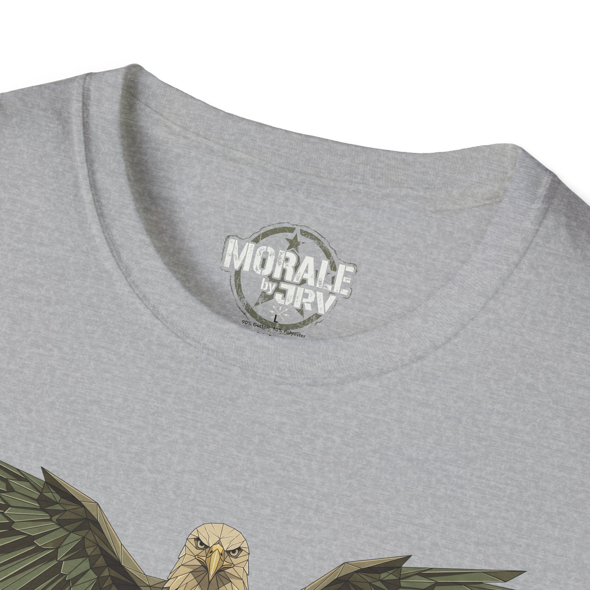 Sport grey T-shirt neckline close-up with “MORALE by TRV” label and raptor print.