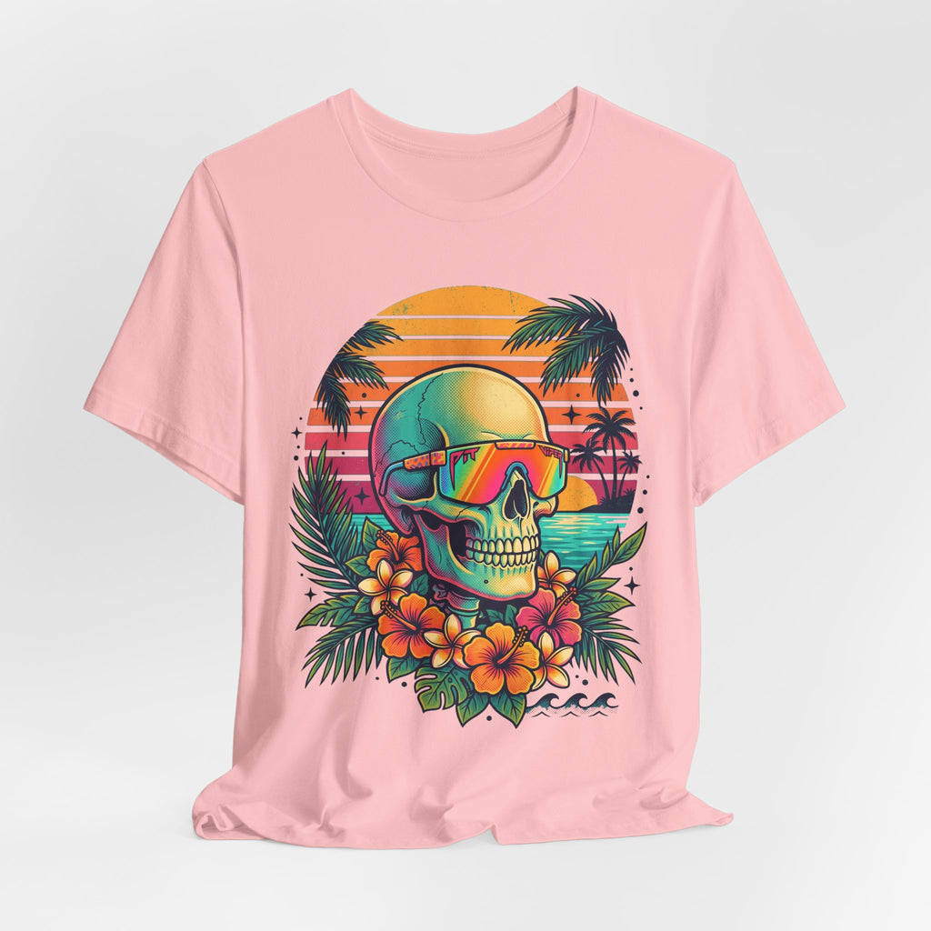 Tropical Skull T-Shirt, rosa, Skull mit Sonnenbrille und Blumenkranz-Design