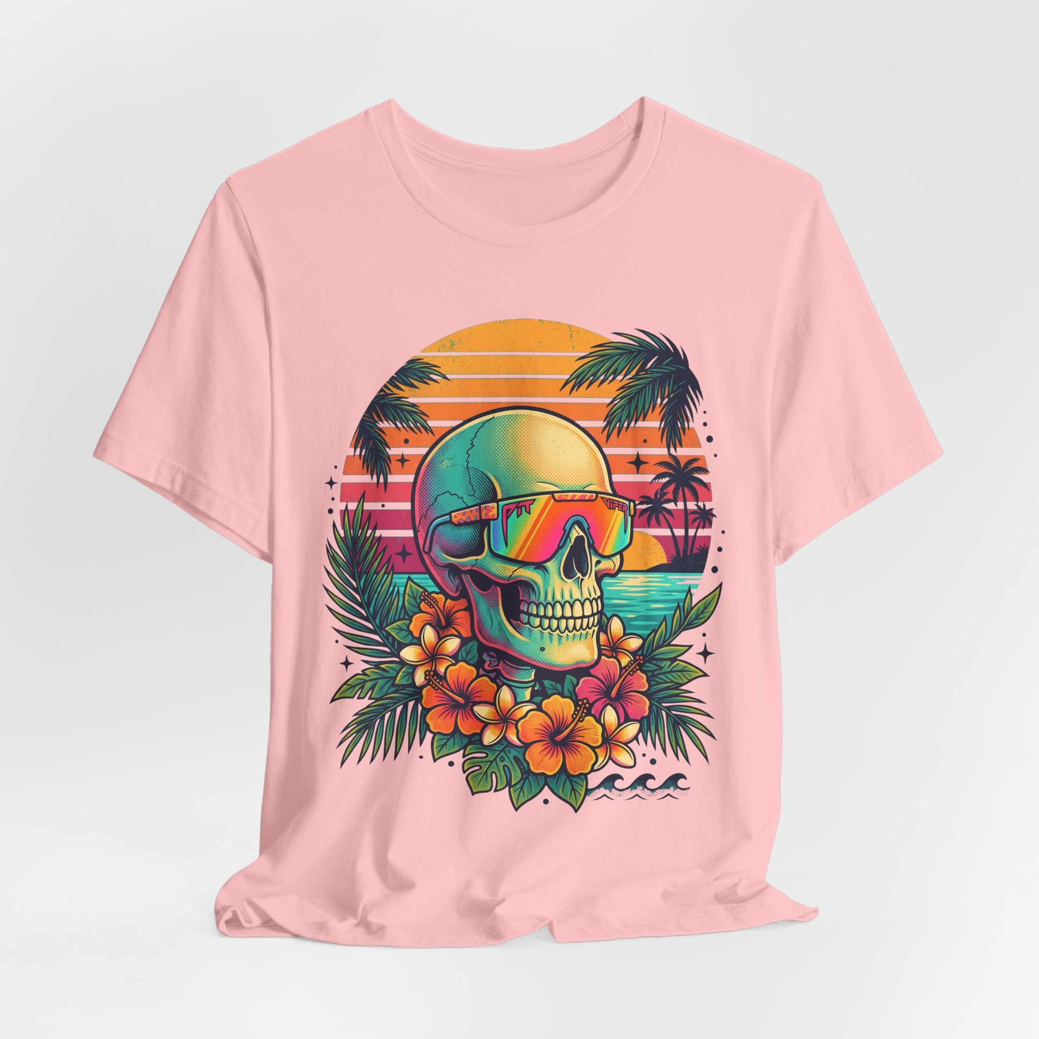 Tropical Skull T-Shirt, rosa, Skull mit Sonnenbrille und Blumenkranz-Design