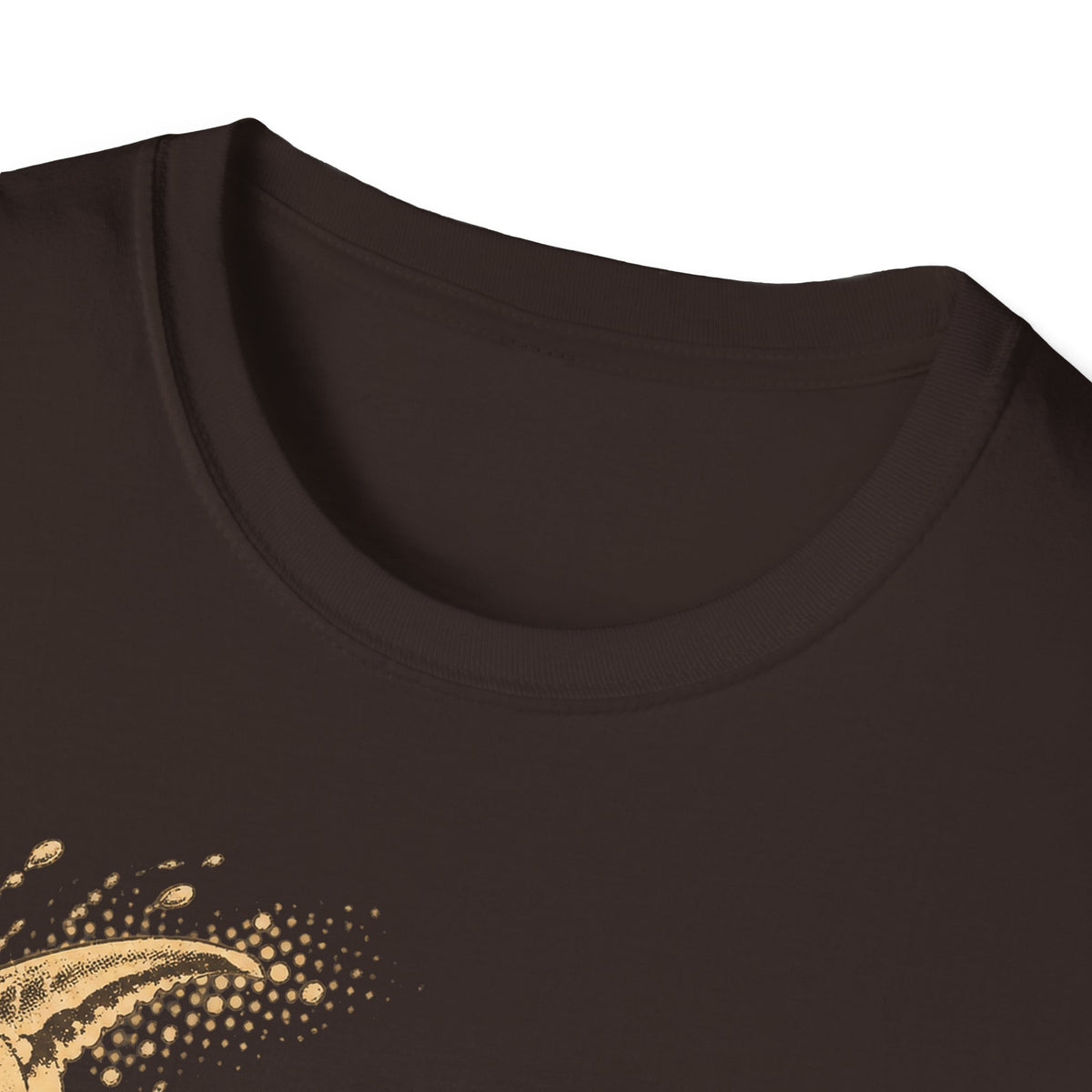 Dark chocolate crewneck T-shirt with partial gold crab graphic at left chest