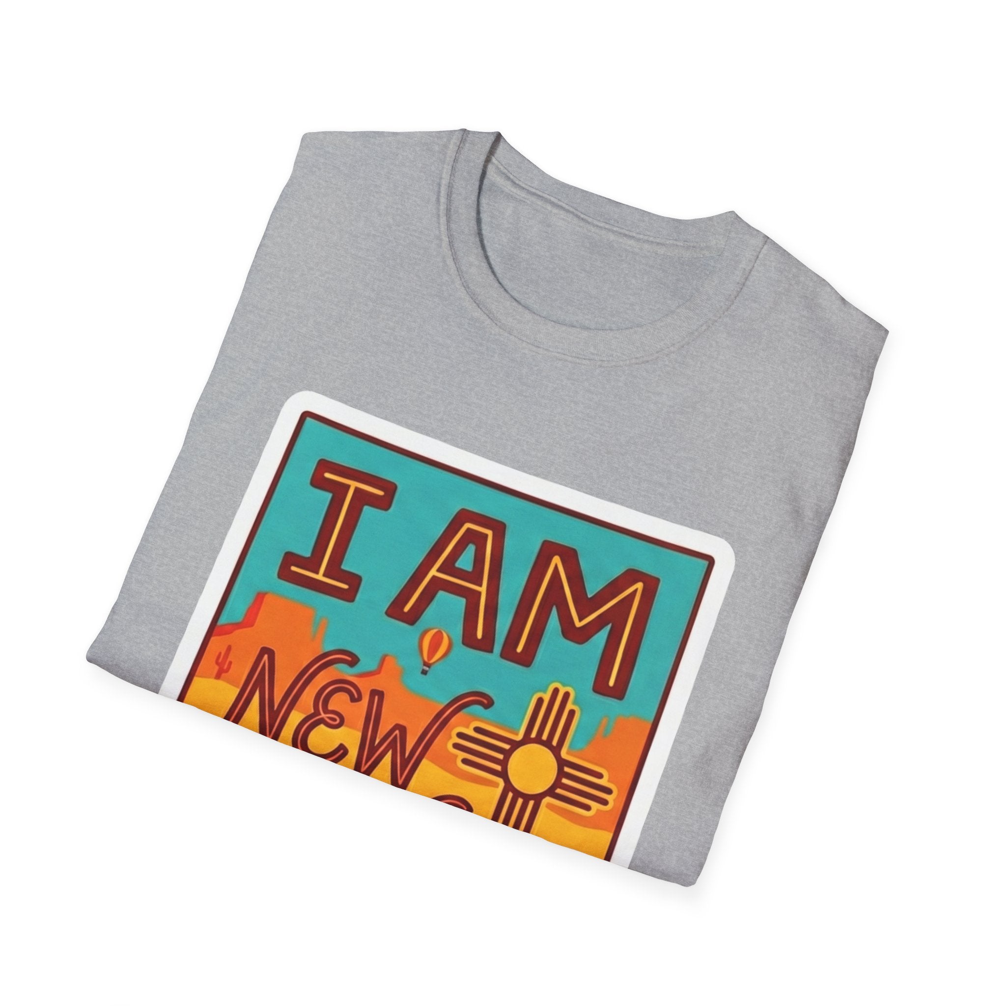 New Mexico pride T-shirt, heather grey front with “I AM NEW MEXICO” graphic