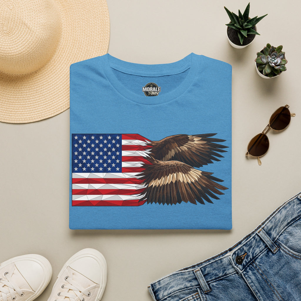 Blue T-shirt with American flag and flying bald eagle graphic on front.