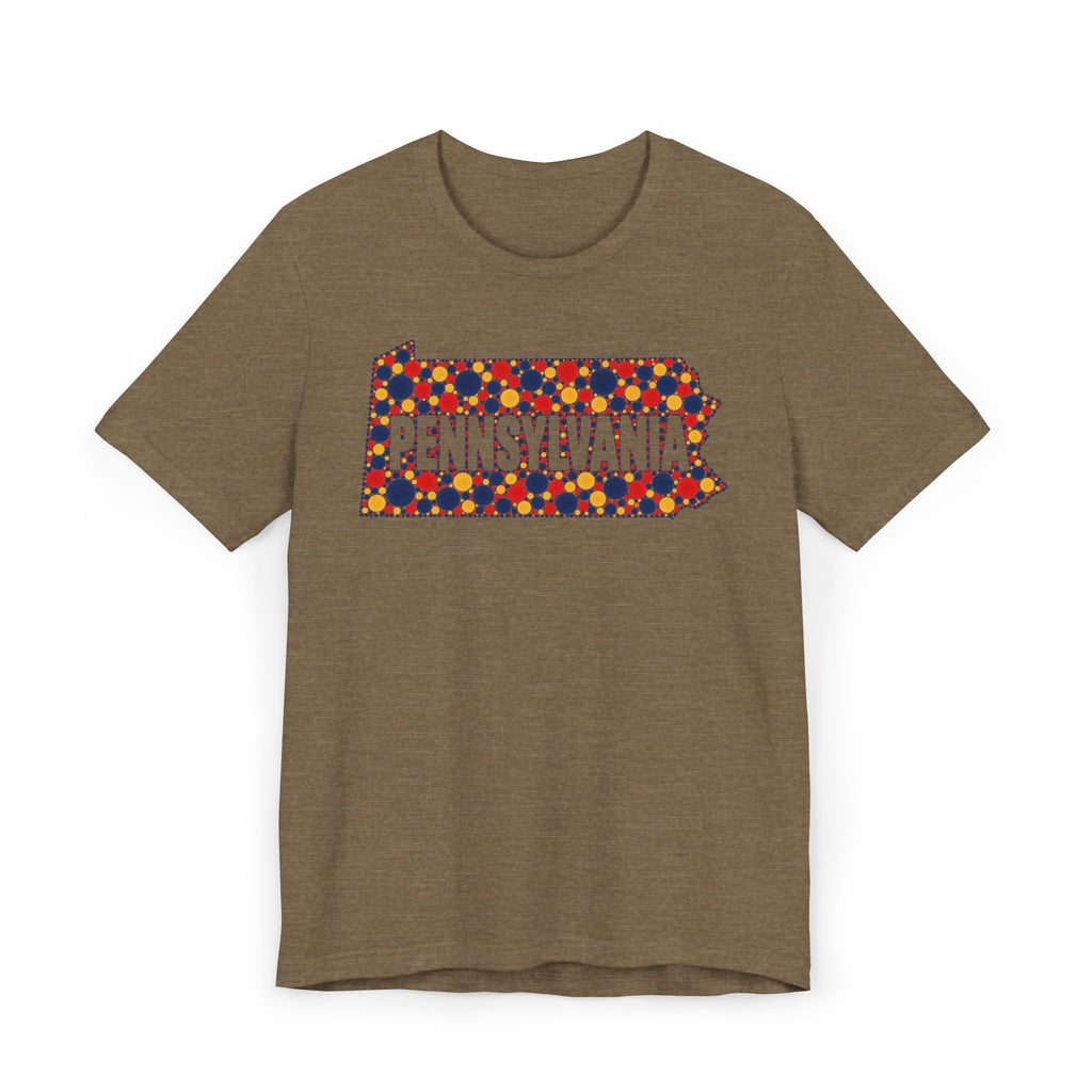 Olive crew-neck t-shirt with colorful dotted Pennsylvania graphic on chest