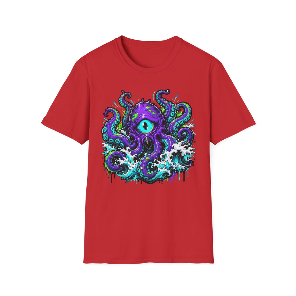 Red crew-neck short-sleeve T-shirt with purple cyclops octopus graphic