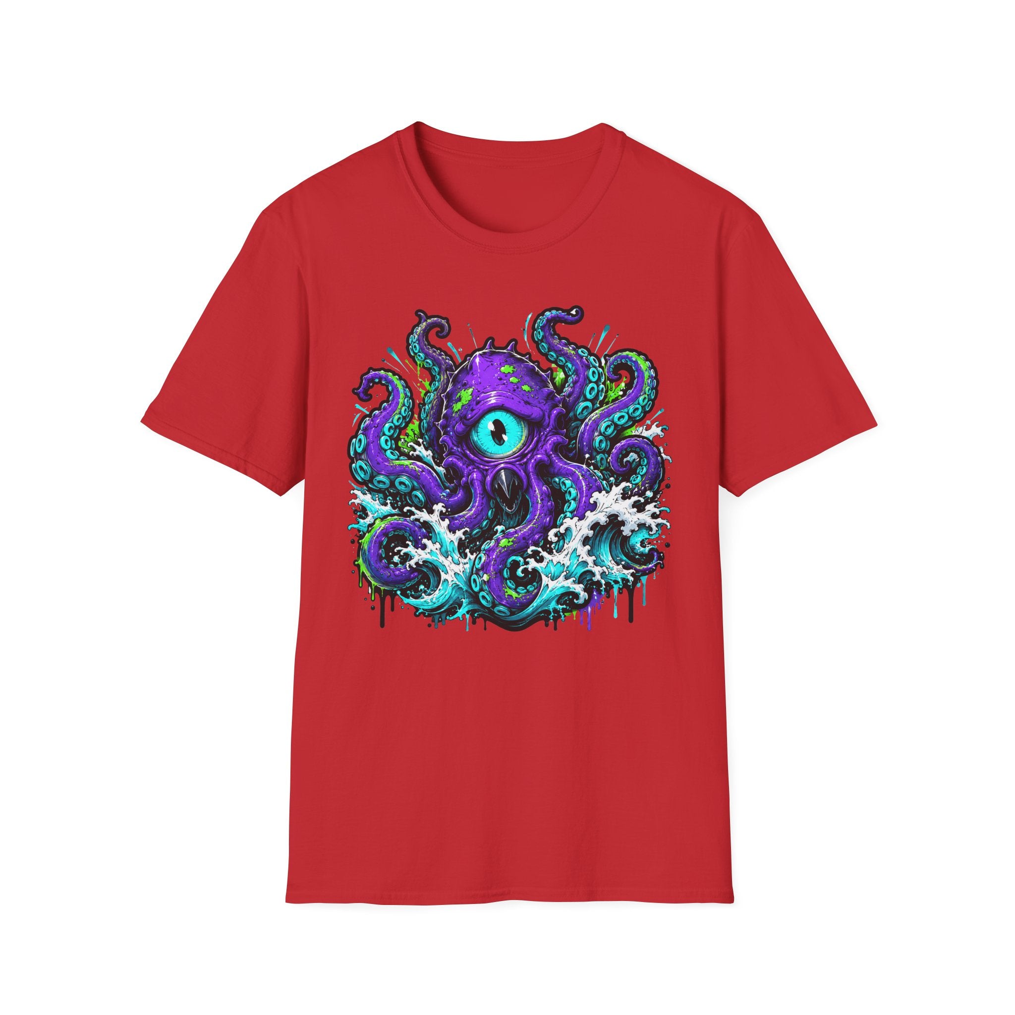 Red crew-neck short-sleeve T-shirt with purple cyclops octopus graphic