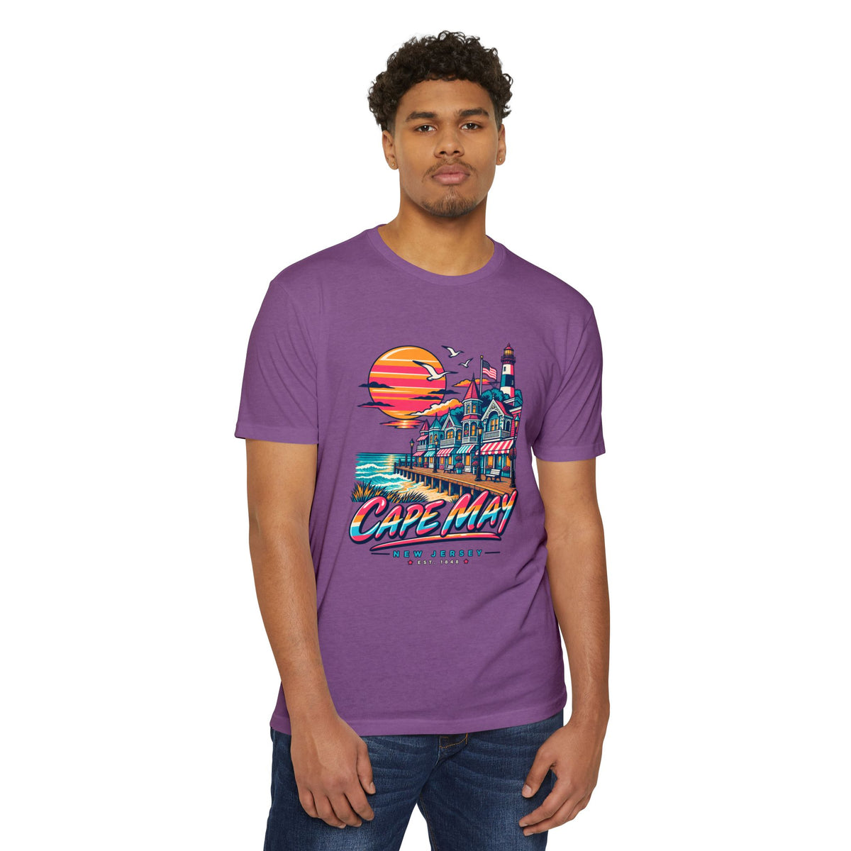 Purple short-sleeve T-shirt with Cape May lighthouse graphic on front