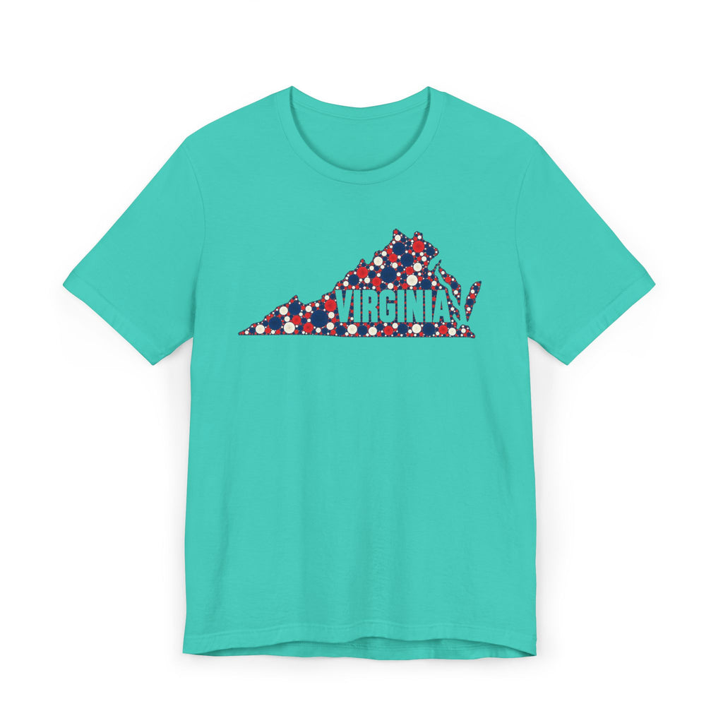 Teal crewneck T-shirt with front Virginia map graphic in red, white, and blue