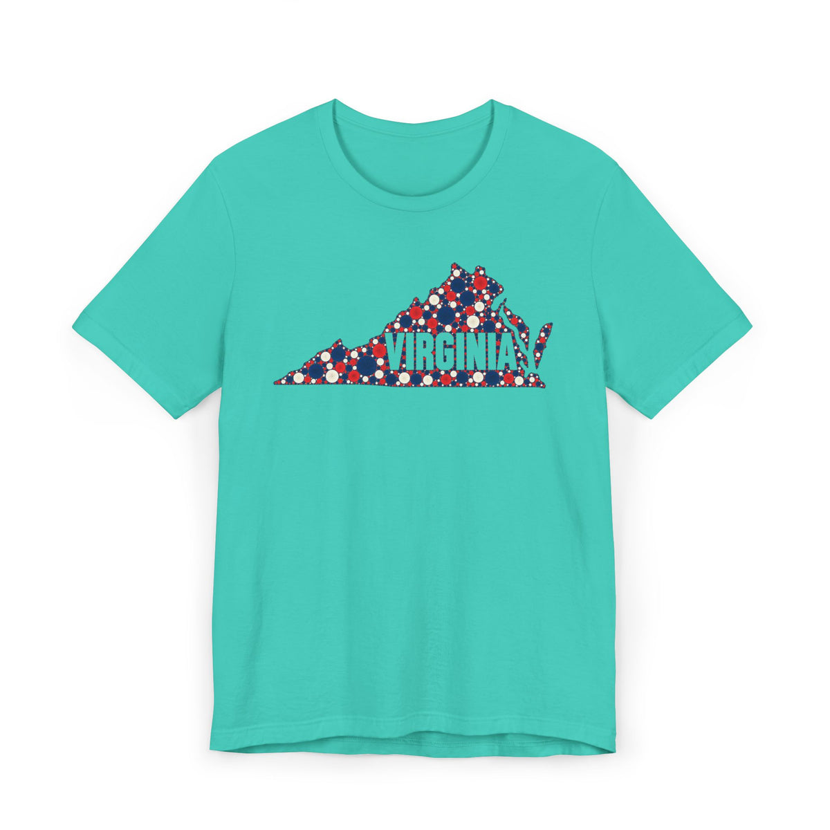 Teal crewneck T-shirt with front Virginia map graphic in red, white, and blue