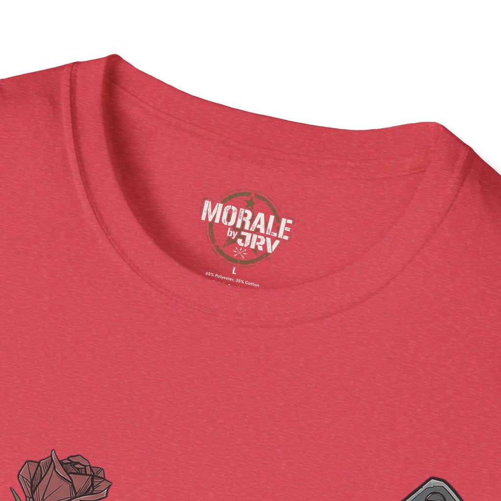 Red T-shirt with crew neck and 'MORALE by JTR' logo