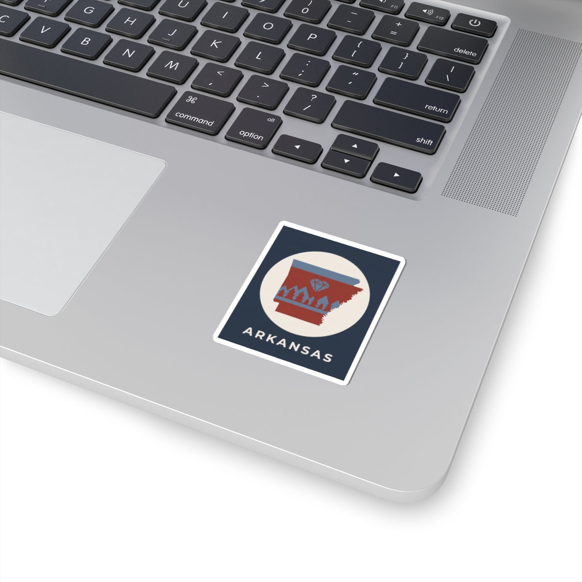 Square Arkansas state outline sticker with diamond and pine tree logo