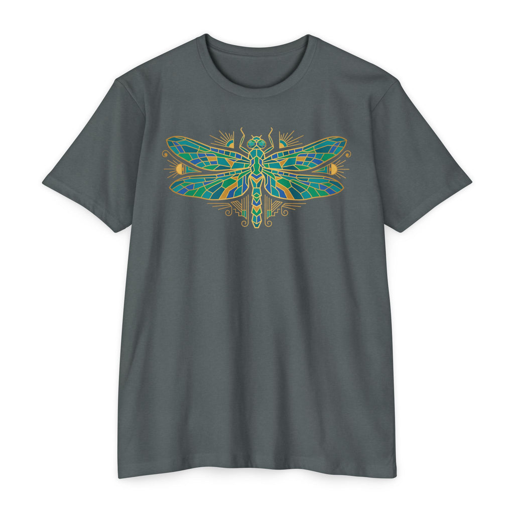 Gray t-shirt with colorful dragonfly mosaic graphic on the chest