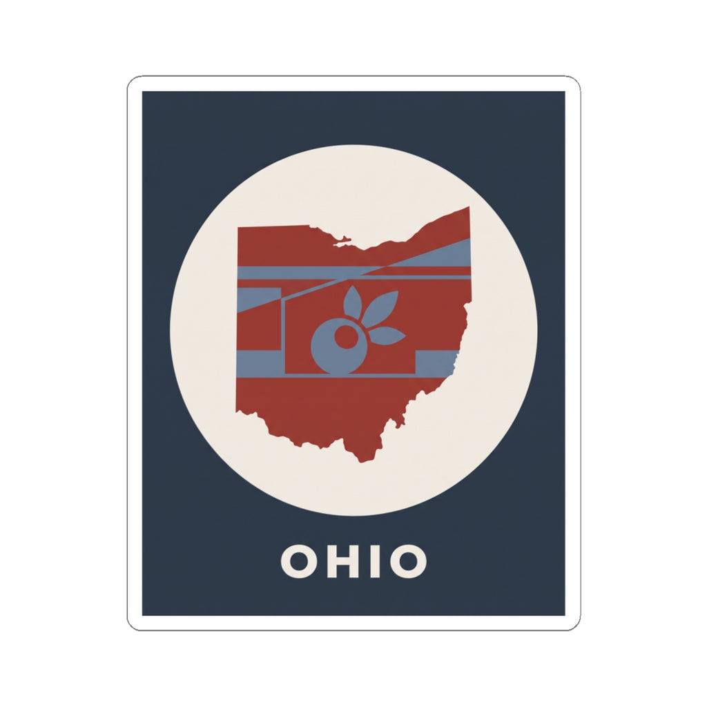 Square kiss-cut style Ohio sticker with map and apple icon on a blue field